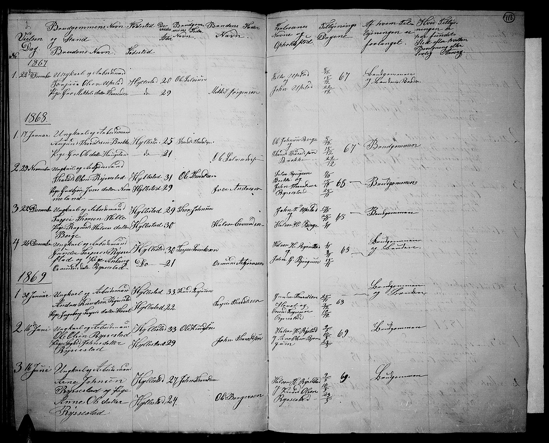Valle sokneprestkontor, SAK/1111-0044/F/Fb/Fbb/L0001: Parish register (copy) no. B 1, 1848-1875, p. 113