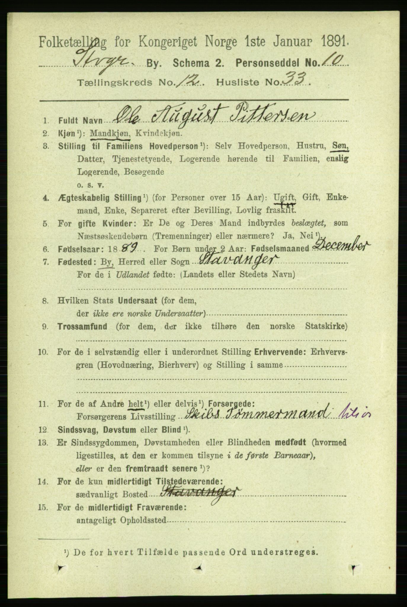 RA, 1891 census for 1103 Stavanger, 1891, p. 15298