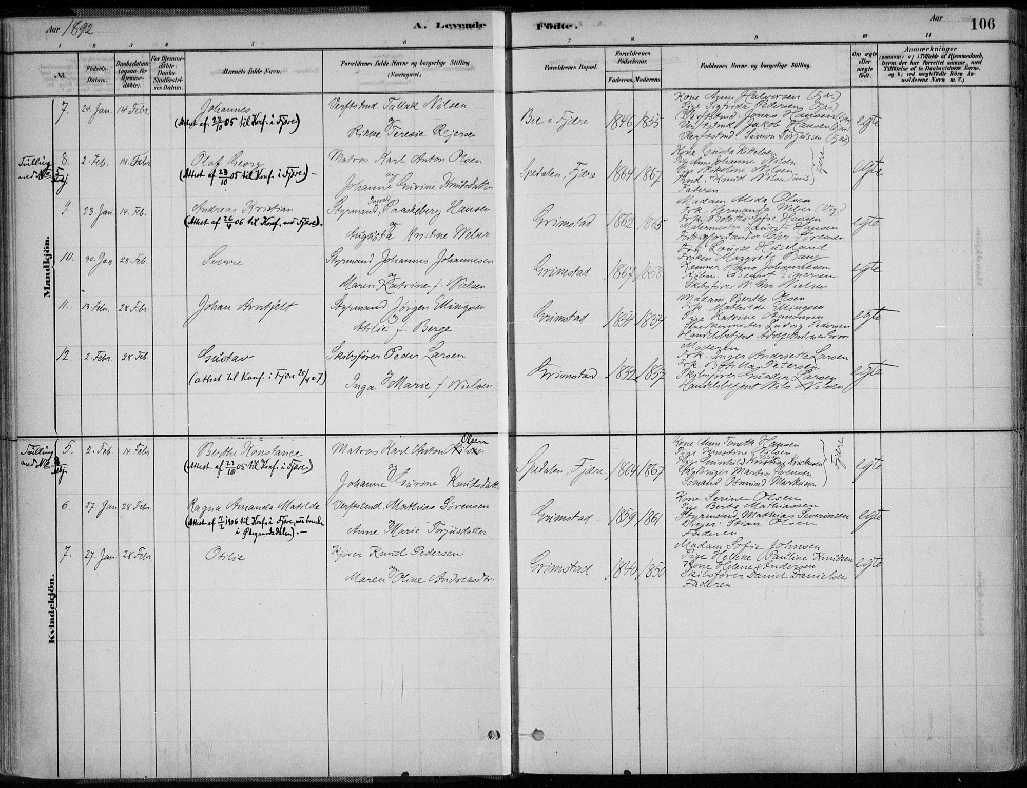 Grimstad sokneprestkontor, SAK/1111-0017/F/Fa/L0003: Parish register (official) no. A 2, 1882-1912, p. 106