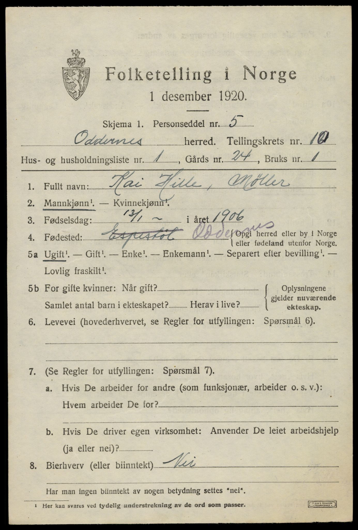 SAK, 1920 census for Oddernes, 1920, p. 6375