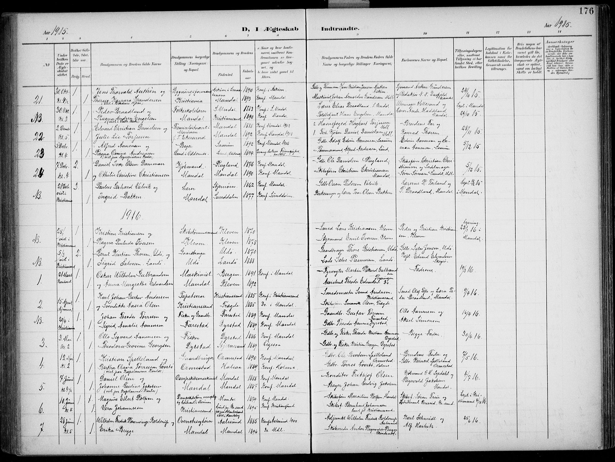 Mandal sokneprestkontor, SAK/1111-0030/F/Fb/Fba/L0012: Parish register (copy) no. B 6, 1899-1918, p. 176