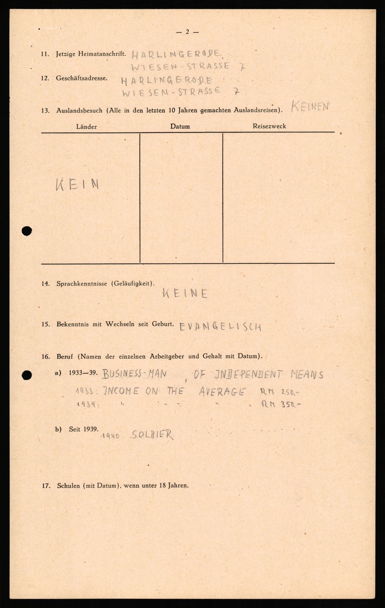 Forsvaret, Forsvarets overkommando II, RA/RAFA-3915/D/Db/L0027: CI Questionaires. Tyske okkupasjonsstyrker i Norge. Tyskere., 1945-1946, p. 143