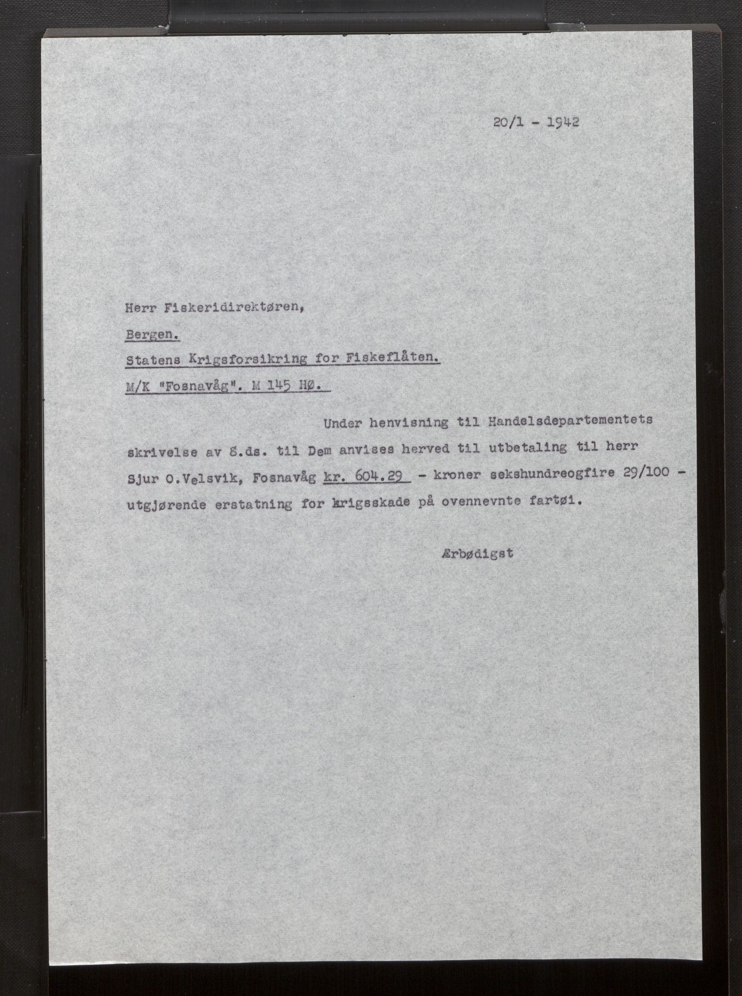 Fiskeridirektoratet - 1 Adm. ledelse - 13 Båtkontoret, AV/SAB-A-2003/La/L0058: Statens krigsforsikring for fiskeflåten, 1936-1971, p. 518