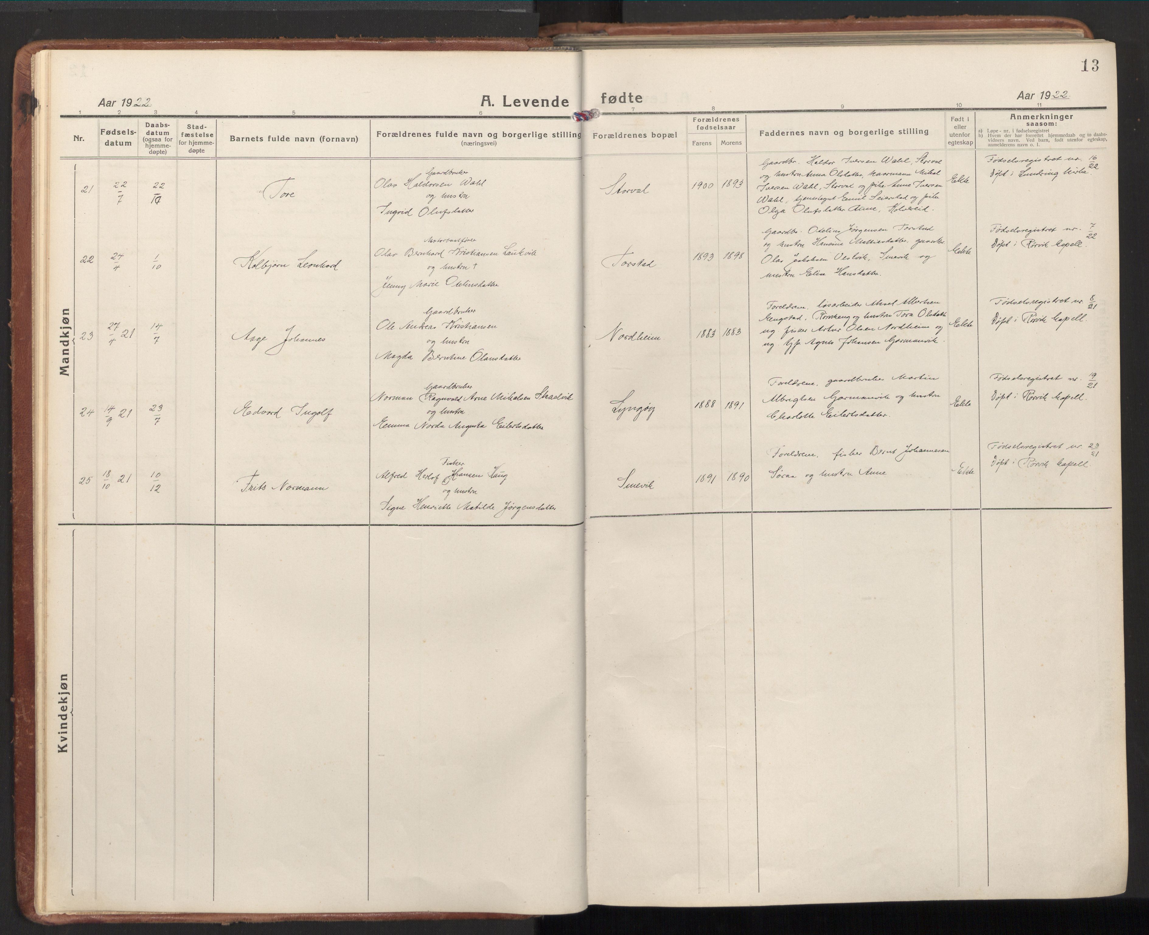 Ministerialprotokoller, klokkerbøker og fødselsregistre - Nord-Trøndelag, AV/SAT-A-1458/784/L0678: Parish register (official) no. 784A13, 1921-1938, p. 13