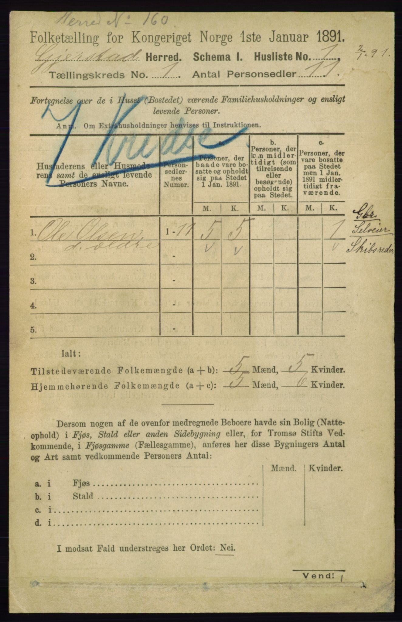 RA, 1891 census for 0911 Gjerstad, 1891, p. 21