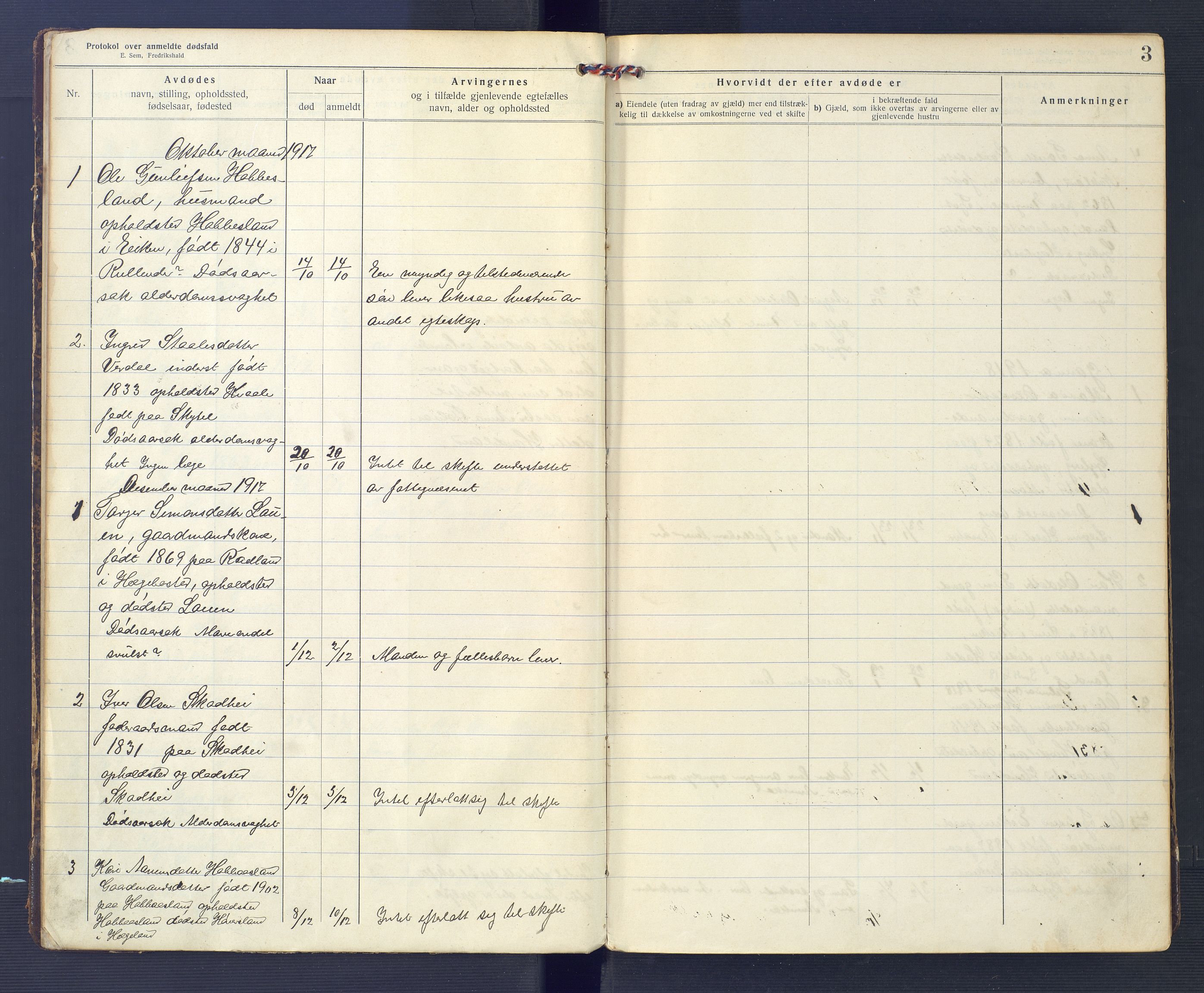 Hægebostad og Eiken lensmannskontor, AV/SAK-1241-0023/F/Fe/L0002: Dødsfallsprotokoll nr 34, 1917-1932, p. 3