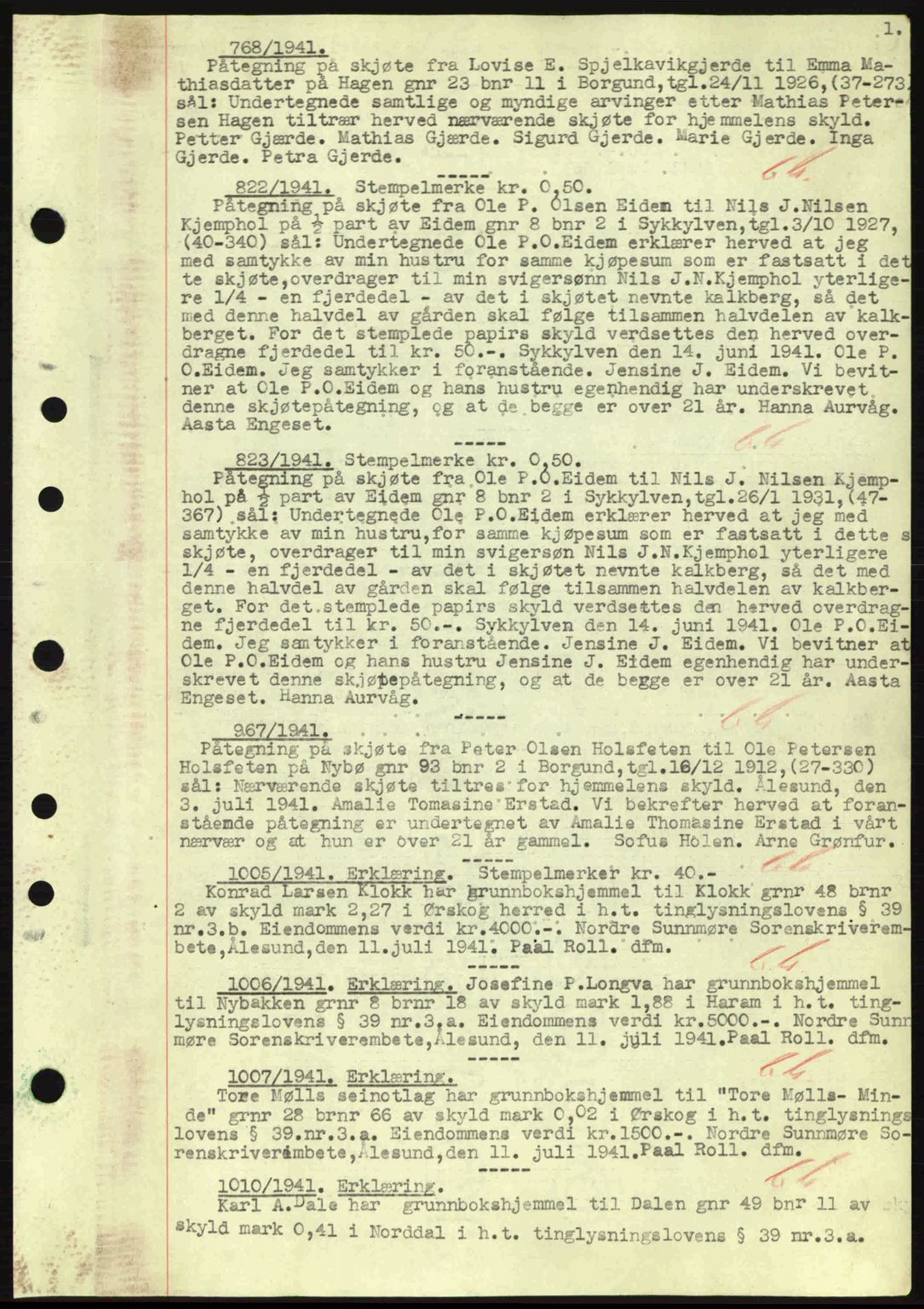 Nordre Sunnmøre sorenskriveri, AV/SAT-A-0006/1/2/2C/2Ca: Mortgage book no. A11, 1941-1941, Diary no: : 768/1941