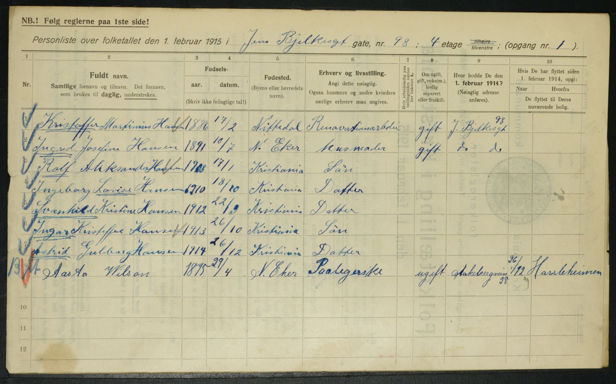 OBA, Municipal Census 1915 for Kristiania, 1915, p. 46340