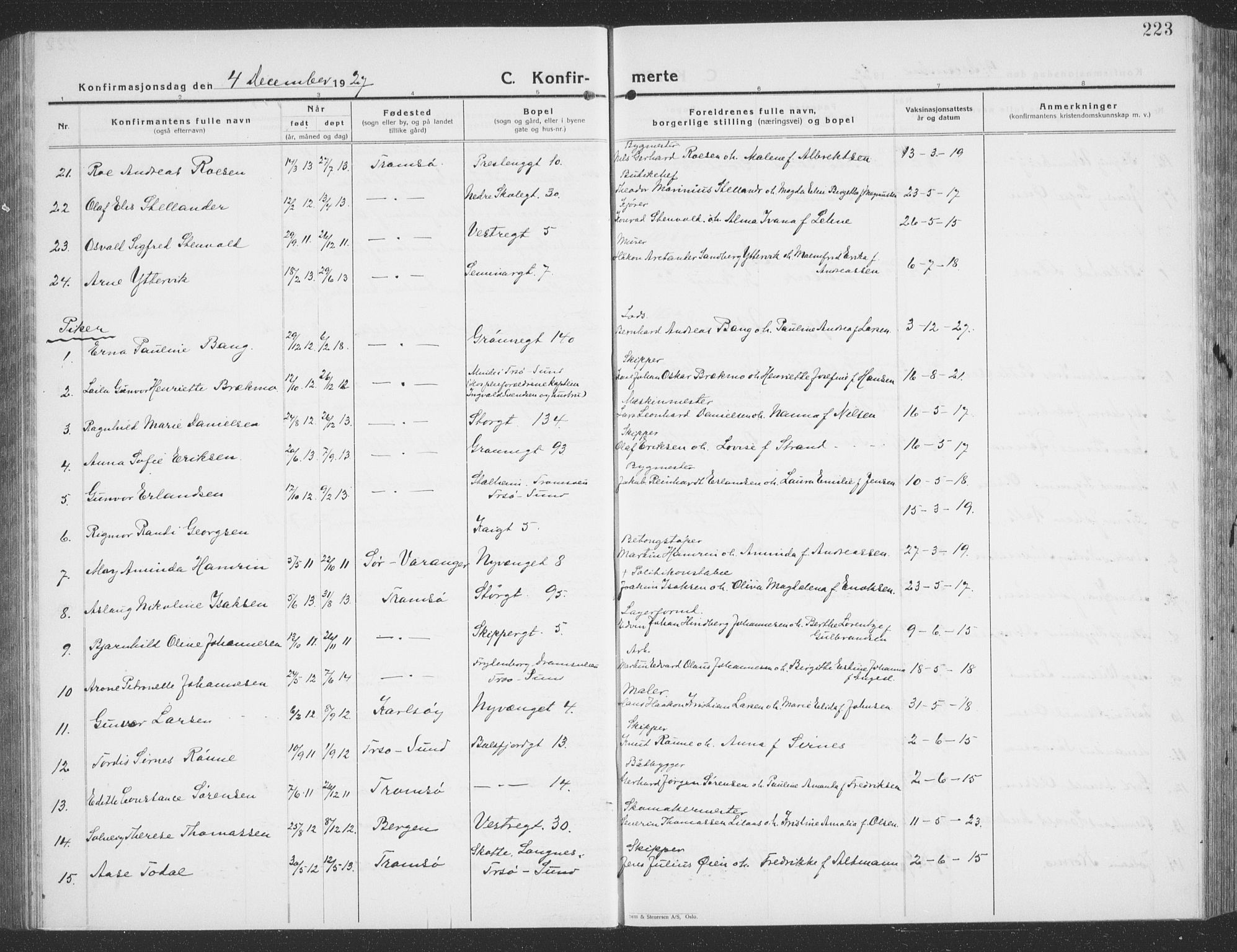 Tromsø sokneprestkontor/stiftsprosti/domprosti, SATØ/S-1343/G/Gb/L0010klokker: Parish register (copy) no. 10, 1925-1937, p. 223