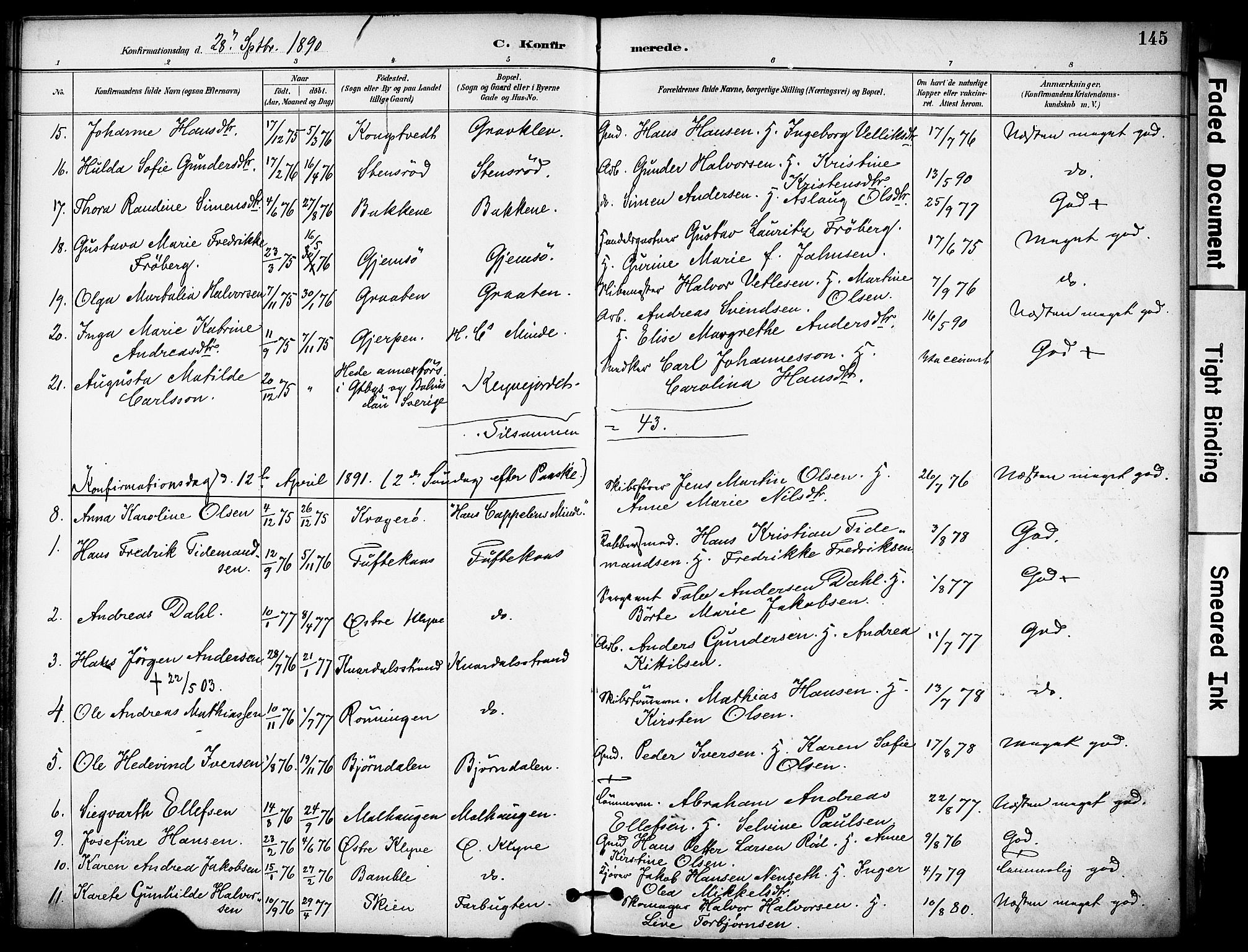 Solum kirkebøker, SAKO/A-306/F/Fa/L0010: Parish register (official) no. I 10, 1888-1898, p. 145