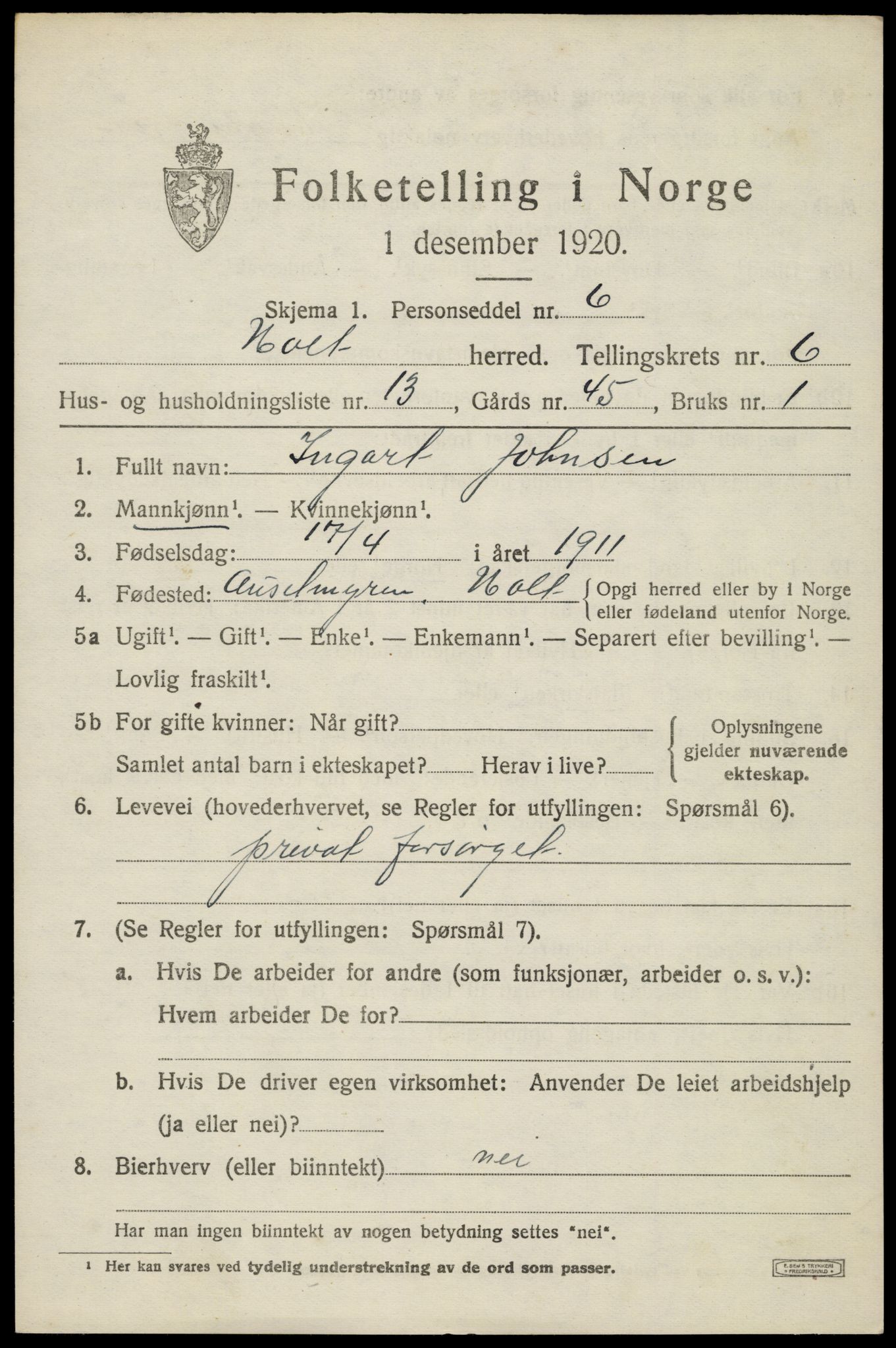 SAK, 1920 census for Holt, 1920, p. 3906