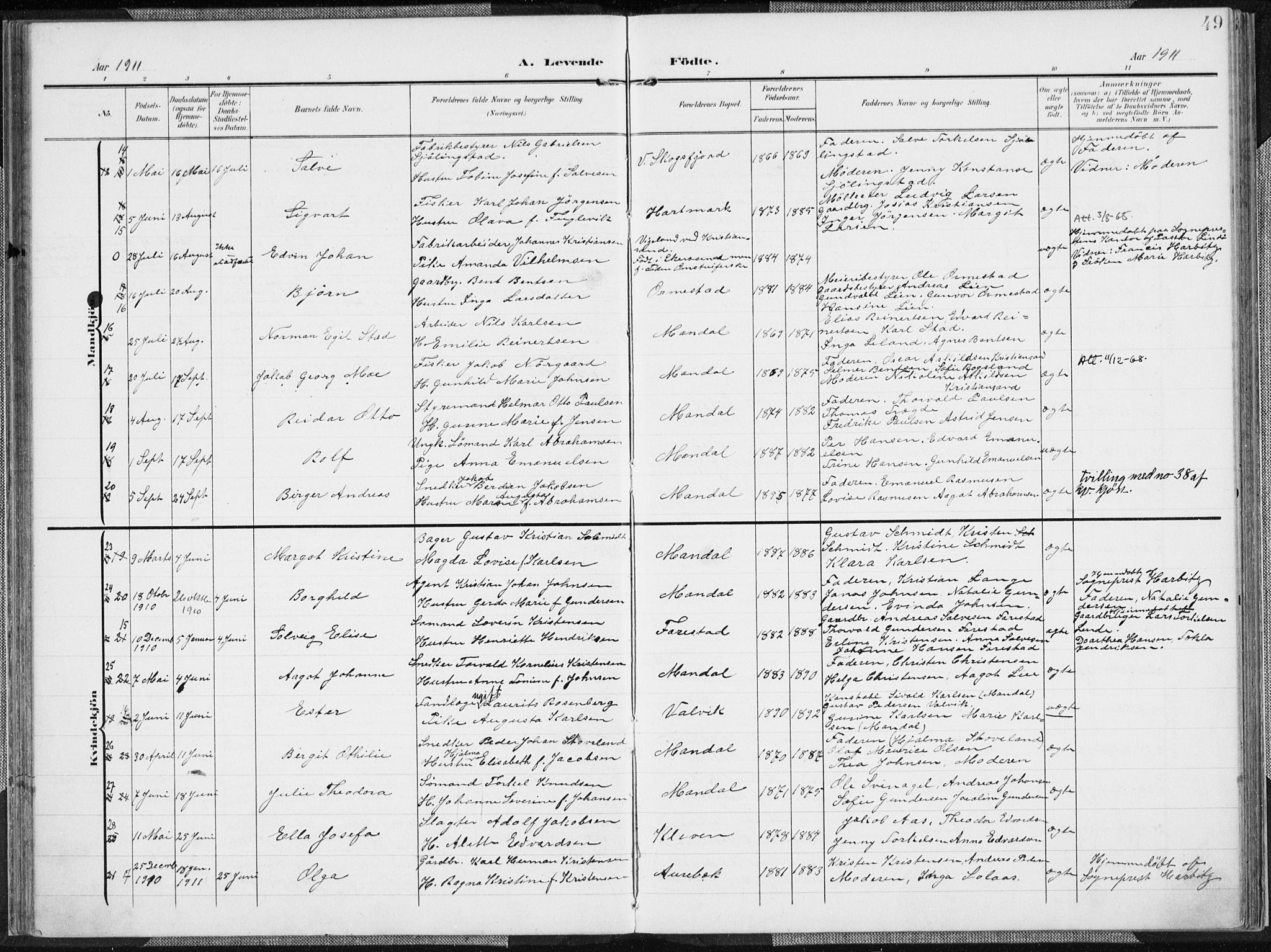 Mandal sokneprestkontor, AV/SAK-1111-0030/F/Fa/Faa/L0020: Parish register (official) no. A 20, 1906-1912, p. 49