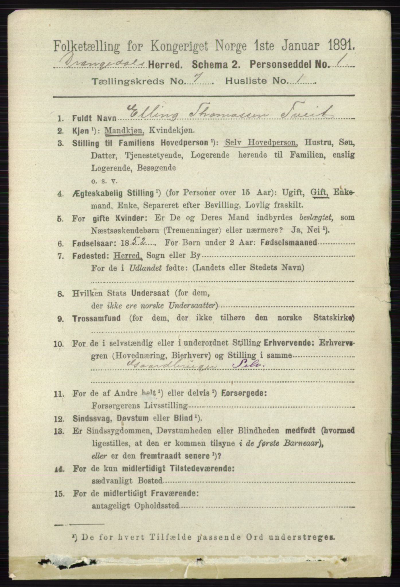 RA, 1891 census for 0817 Drangedal, 1891, p. 2396