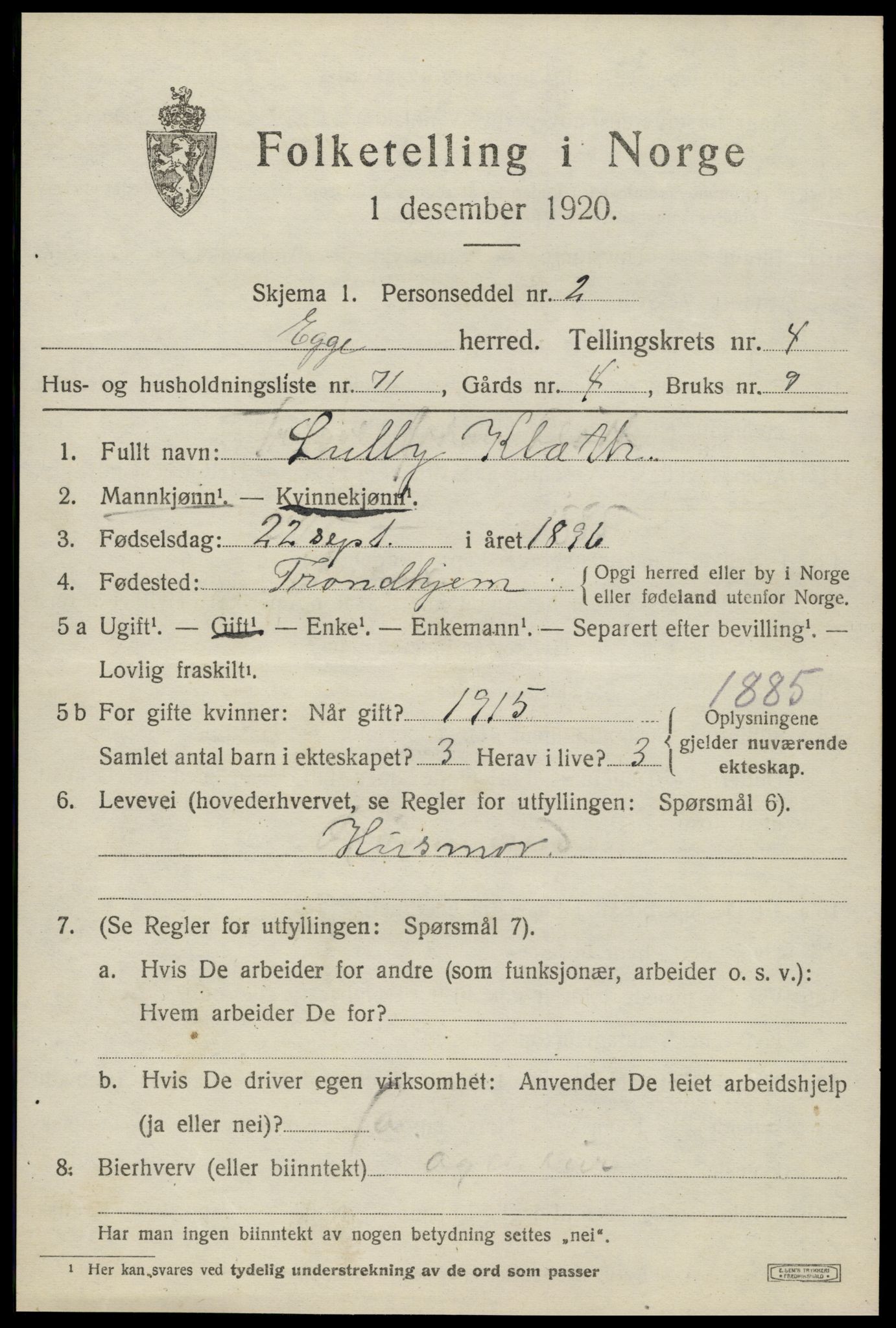 SAT, 1920 census for Egge, 1920, p. 3334