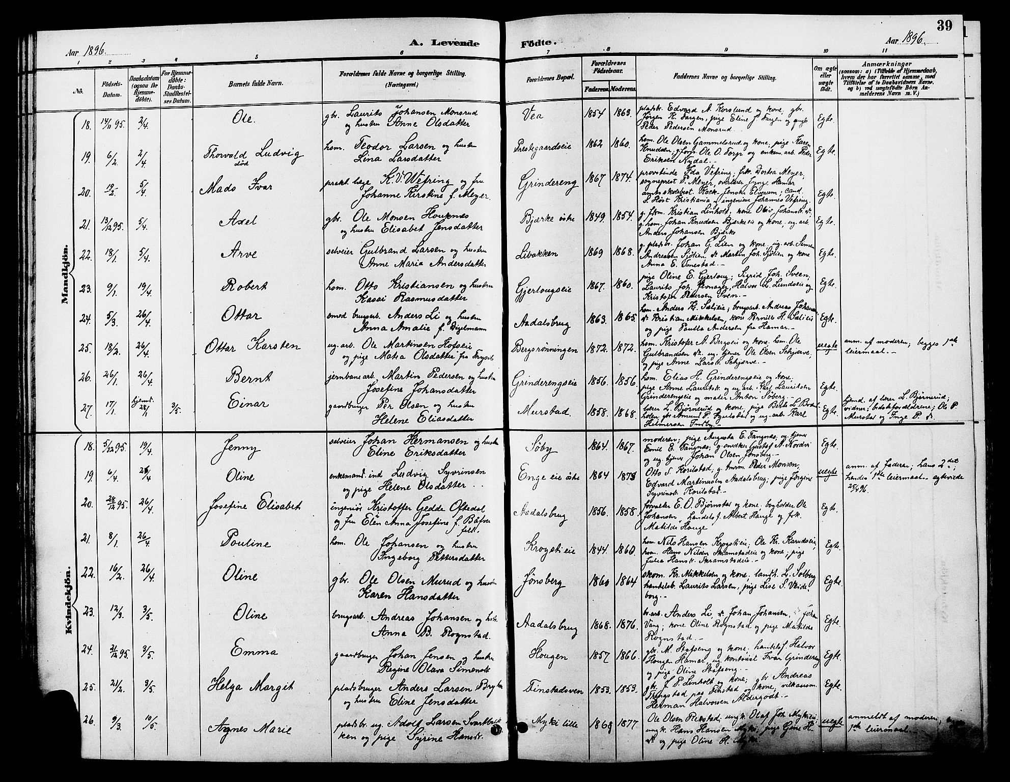 Løten prestekontor, SAH/PREST-022/L/La/L0006: Parish register (copy) no. 6, 1892-1909, p. 39