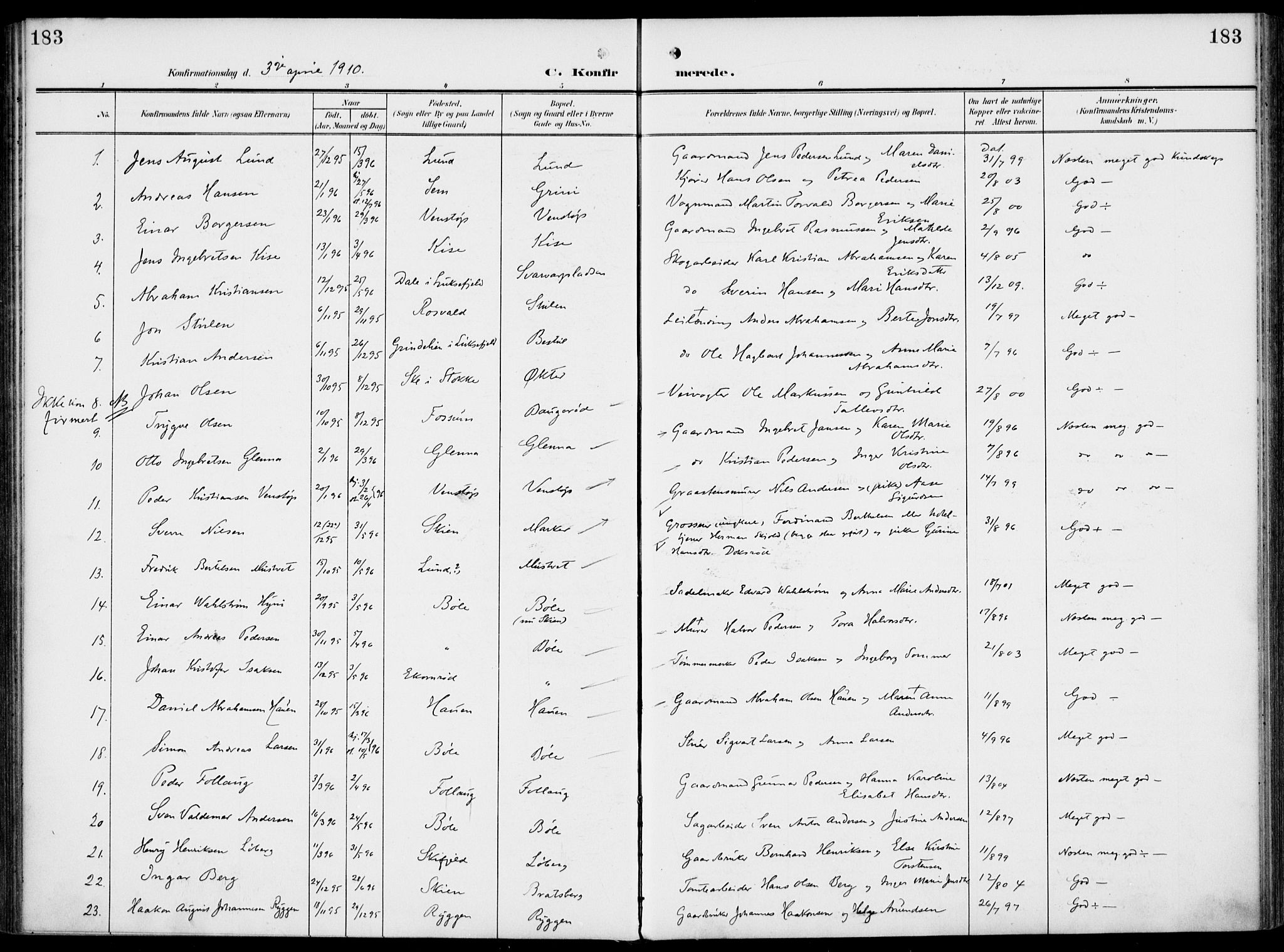 Gjerpen kirkebøker, SAKO/A-265/F/Fa/L0012: Parish register (official) no. I 12, 1905-1913, p. 183