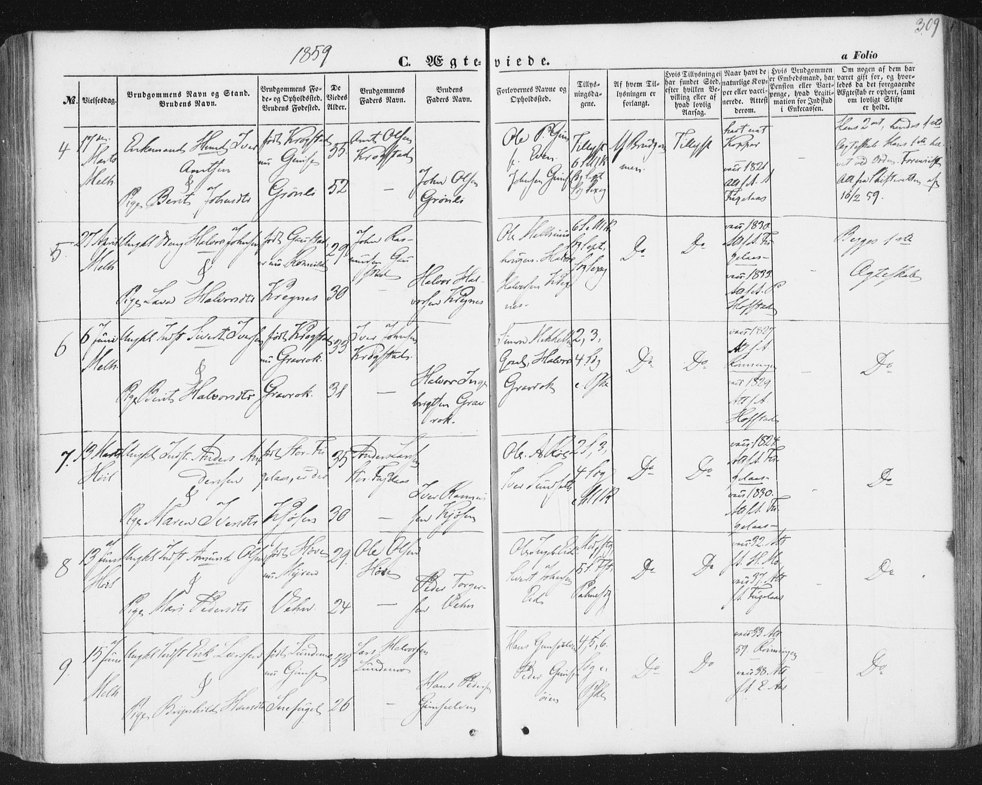 Ministerialprotokoller, klokkerbøker og fødselsregistre - Sør-Trøndelag, AV/SAT-A-1456/691/L1076: Parish register (official) no. 691A08, 1852-1861, p. 309