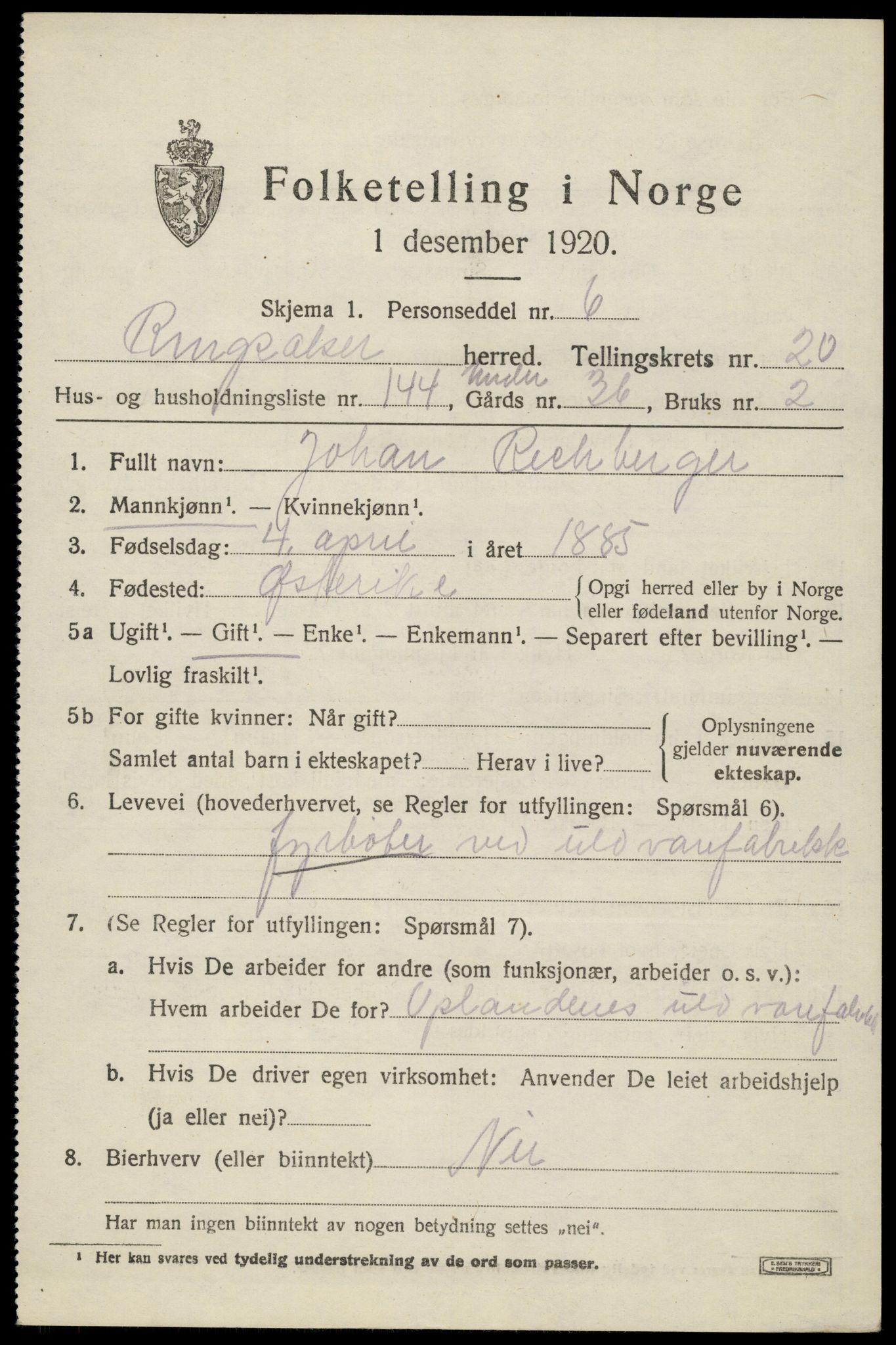 SAH, 1920 census for Ringsaker, 1920, p. 28540