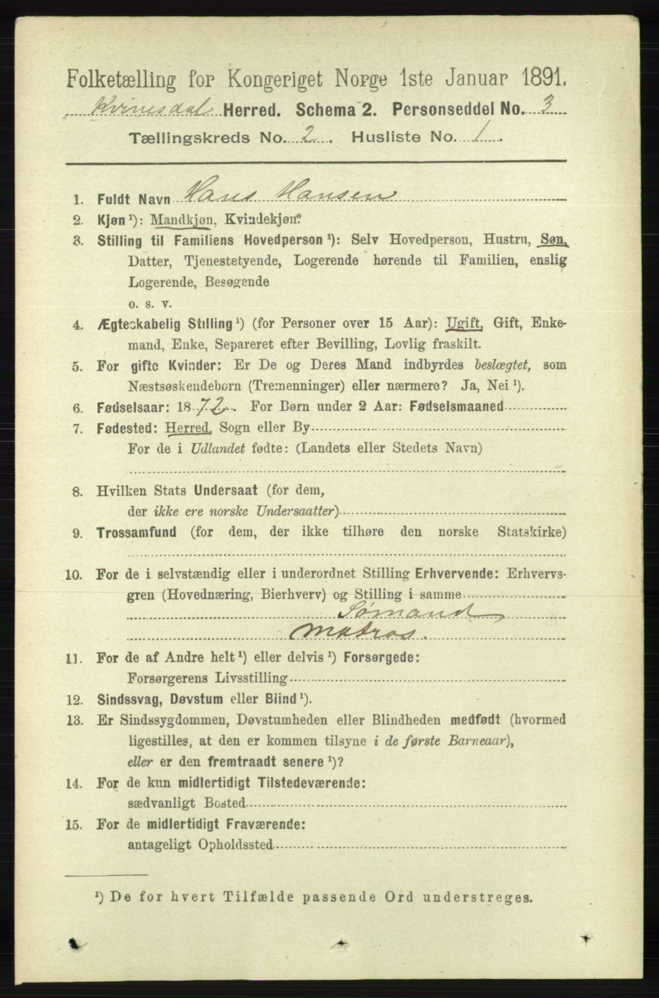 RA, 1891 census for 1037 Kvinesdal, 1891, p. 373