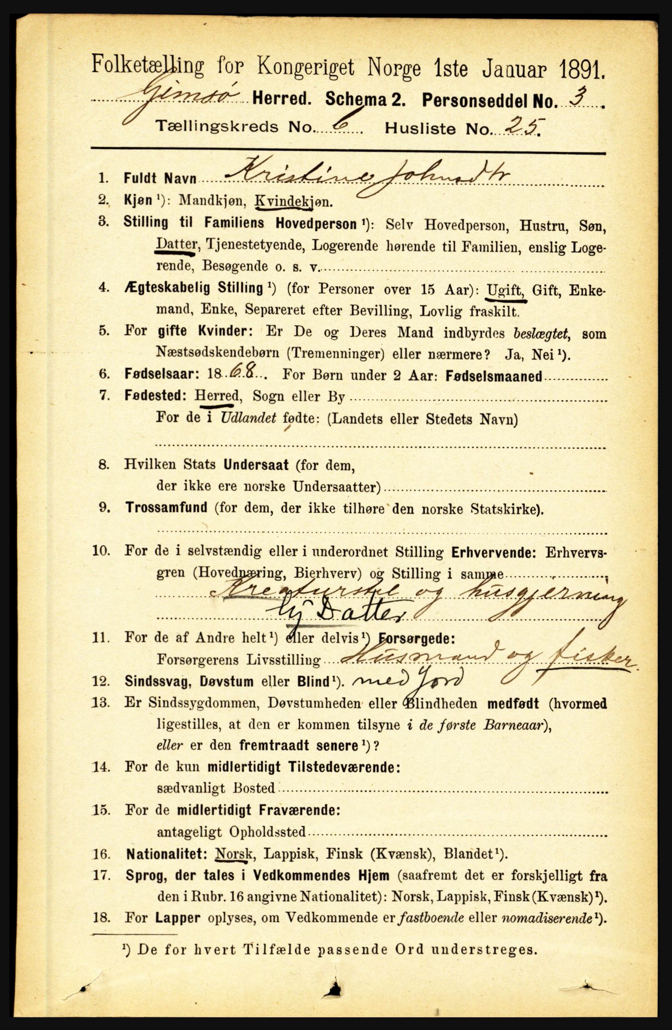 RA, 1891 census for 1864 Gimsøy, 1891, p. 1162