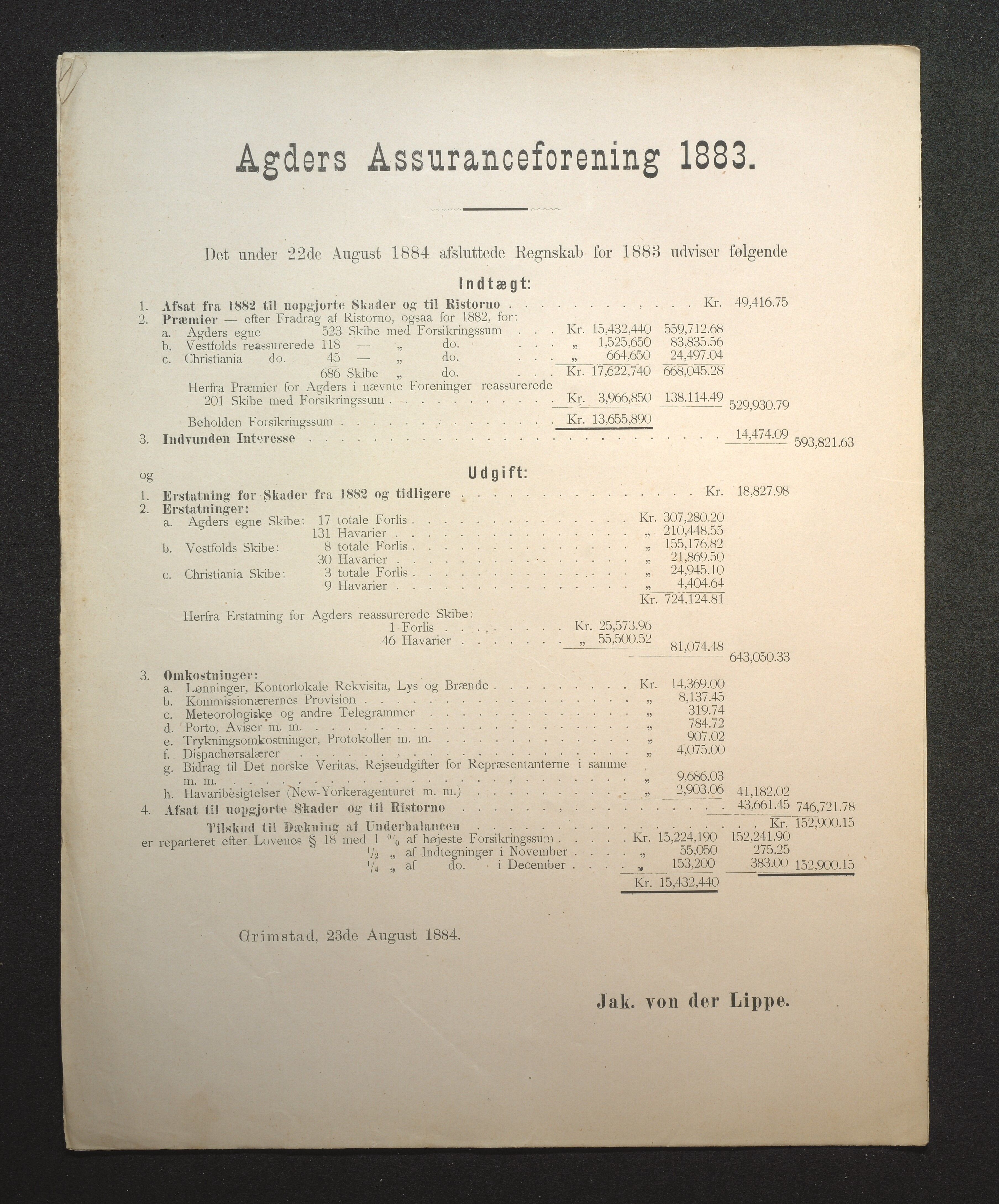 Agders Gjensidige Assuranceforening, AAKS/PA-1718/05/L0002: Regnskap, seilavdeling, pakkesak, 1881-1889