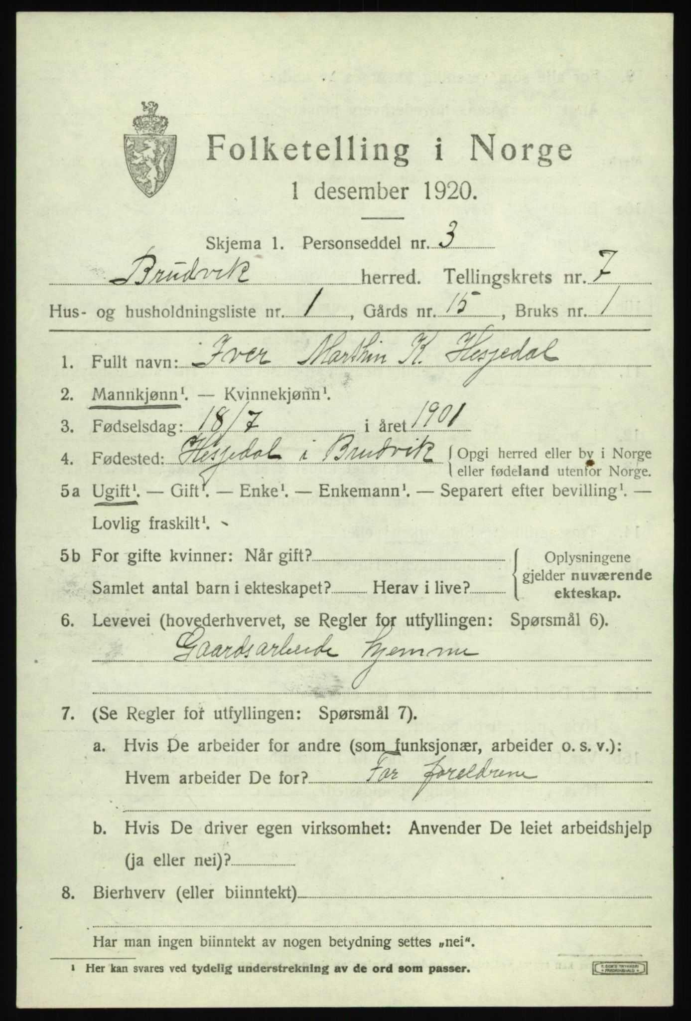 SAB, 1920 census for Bruvik, 1920, p. 4894