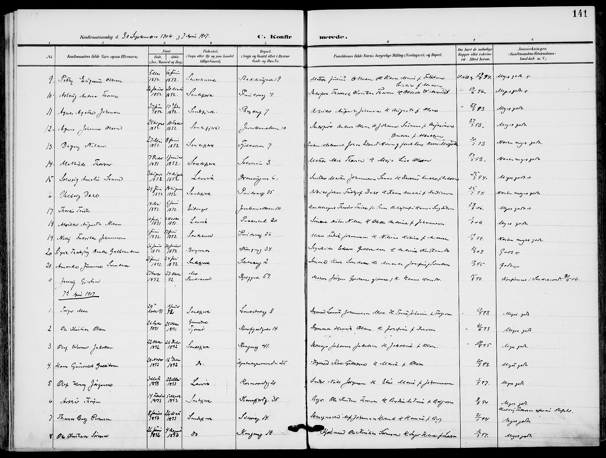 Sandefjord kirkebøker, SAKO/A-315/F/Fa/L0005: Parish register (official) no. 5, 1906-1915, p. 141