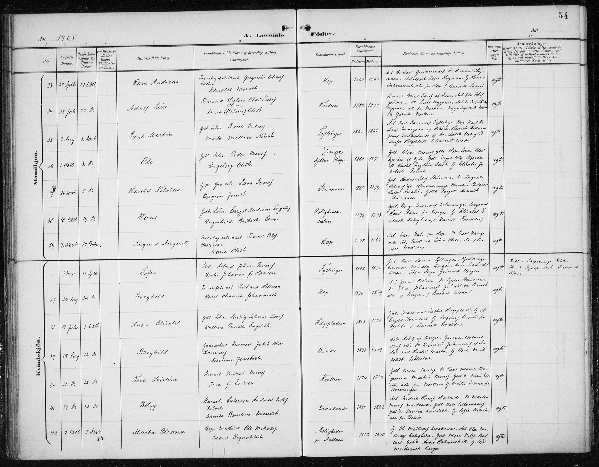 Fana Sokneprestembete, SAB/A-75101/H/Haa/Haai/L0003: Parish register (official) no. I 3, 1900-1912, p. 54