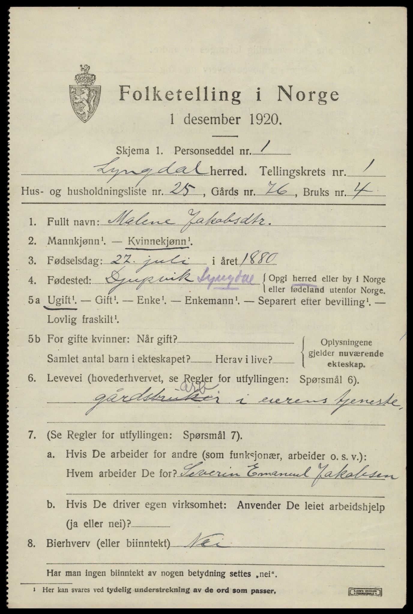 SAK, 1920 census for Lyngdal, 1920, p. 1579