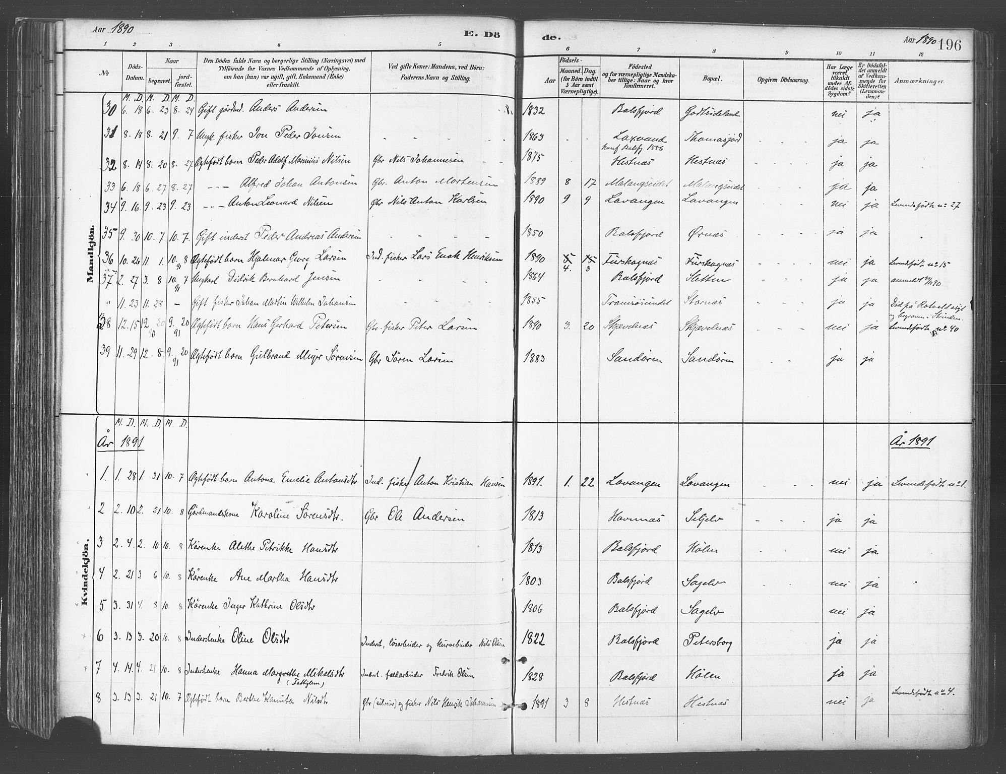 Balsfjord sokneprestembete, AV/SATØ-S-1303/G/Ga/L0005kirke: Parish register (official) no. 5, 1884-1897, p. 196