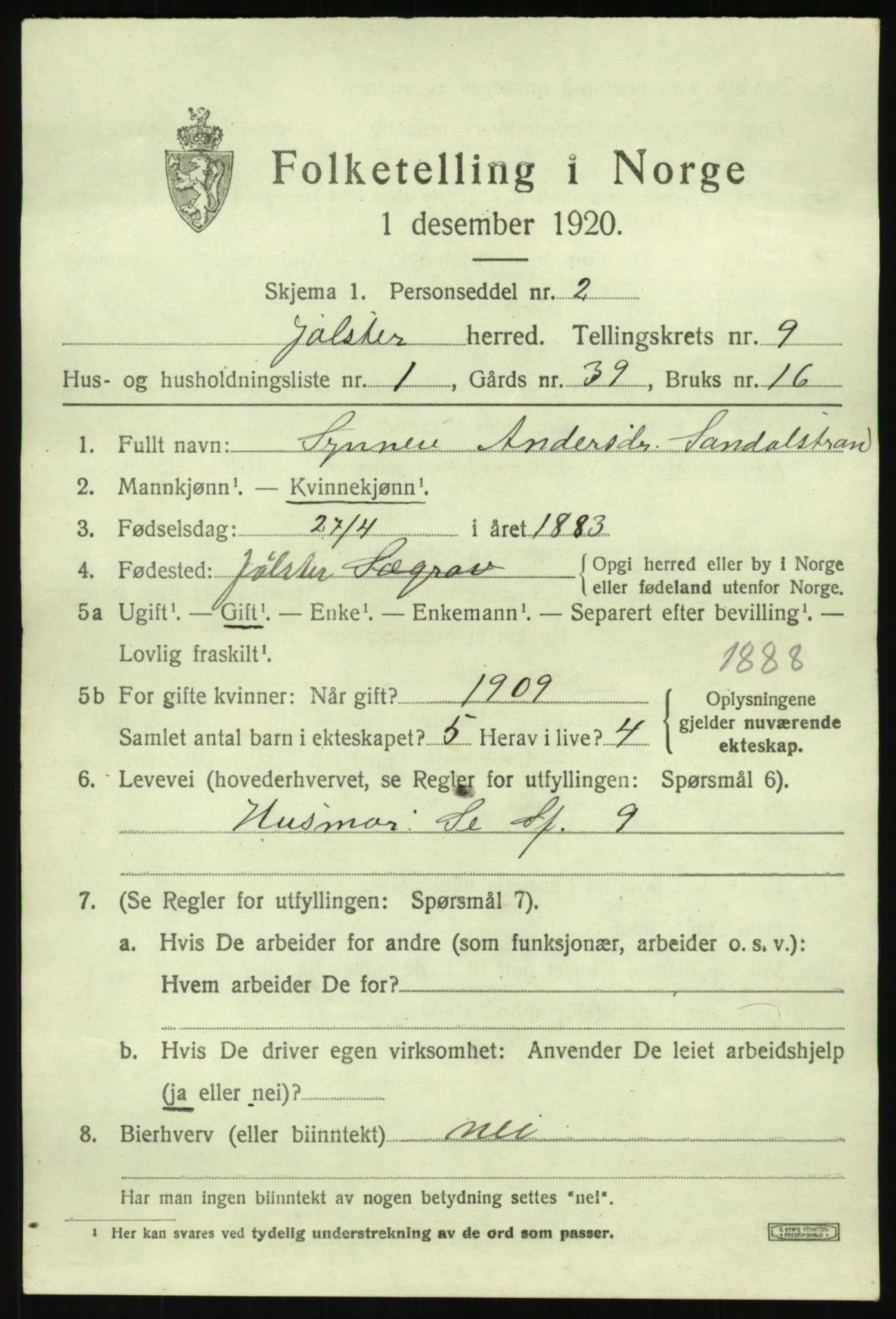 SAB, 1920 census for Jølster, 1920, p. 4312