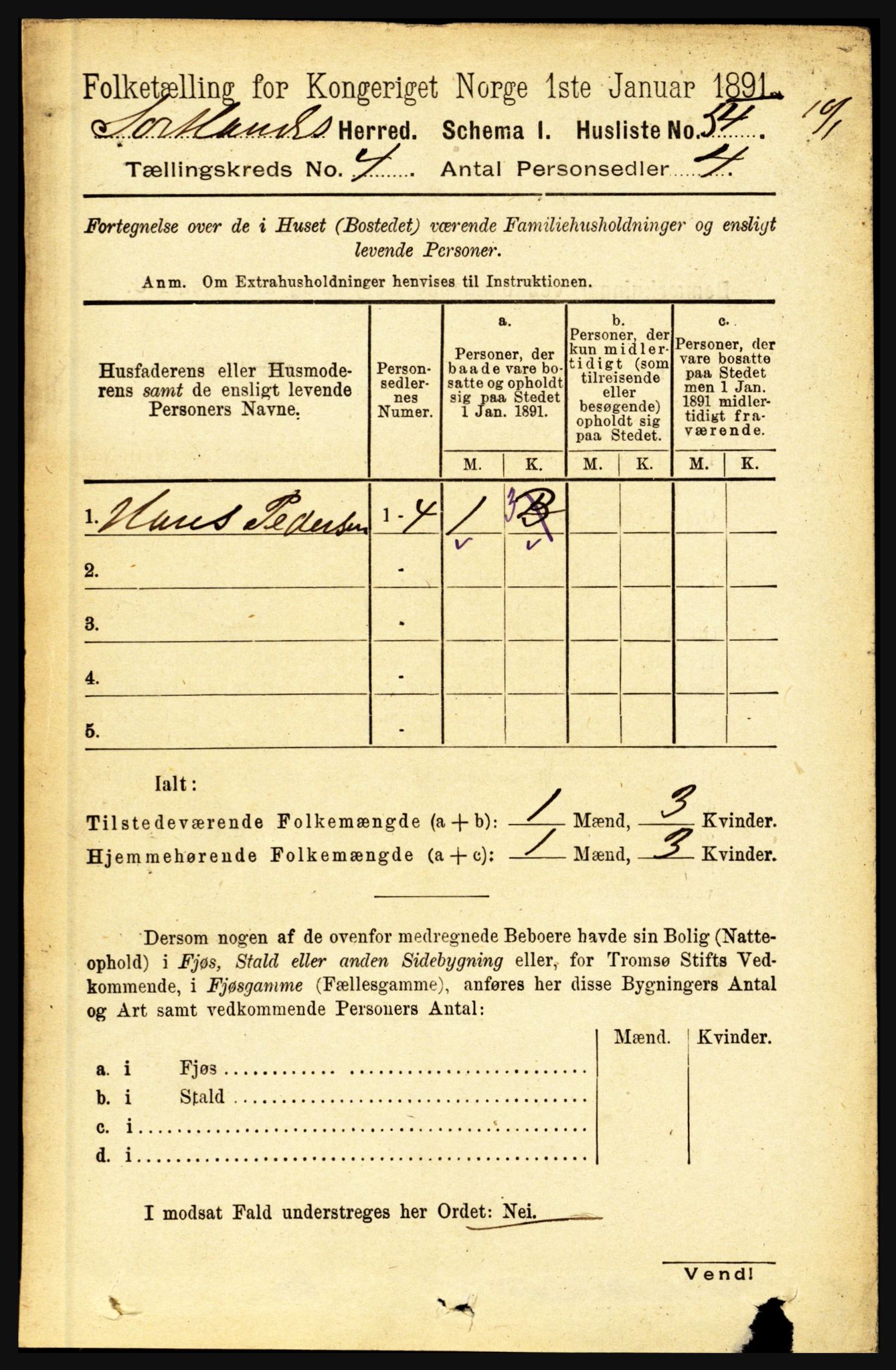 RA, 1891 census for 1870 Sortland, 1891, p. 2715