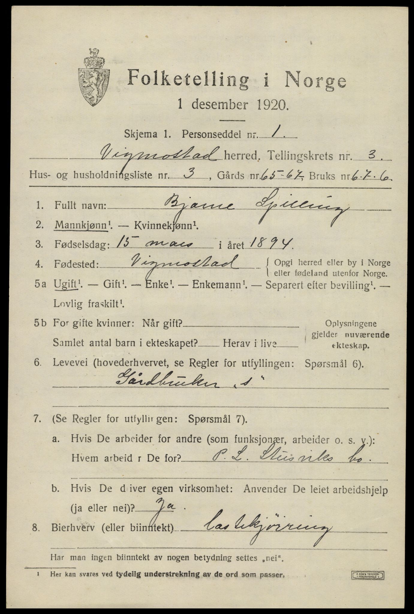 SAK, 1920 census for Vigmostad, 1920, p. 843