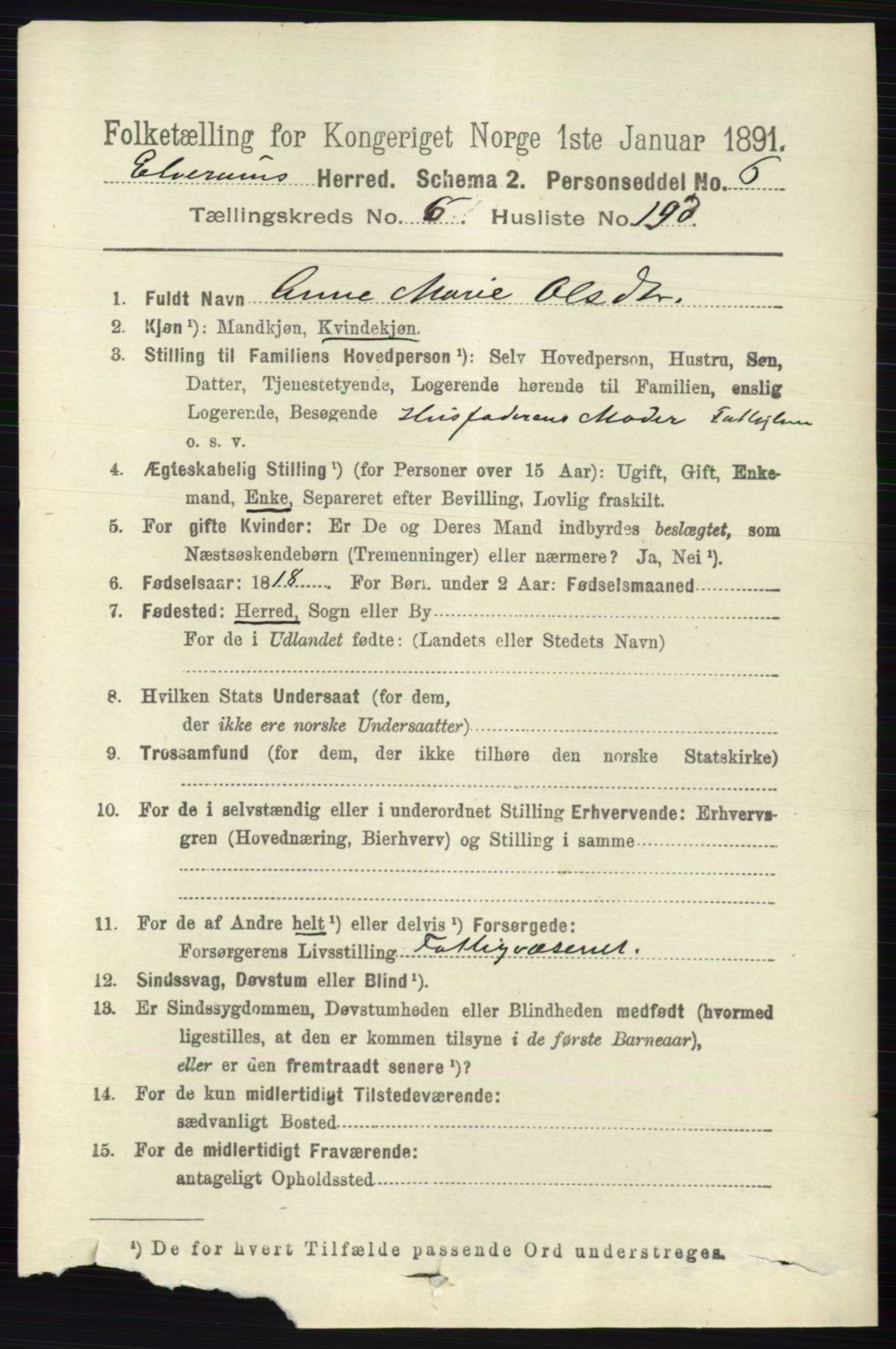 RA, 1891 census for 0427 Elverum, 1891, p. 5447