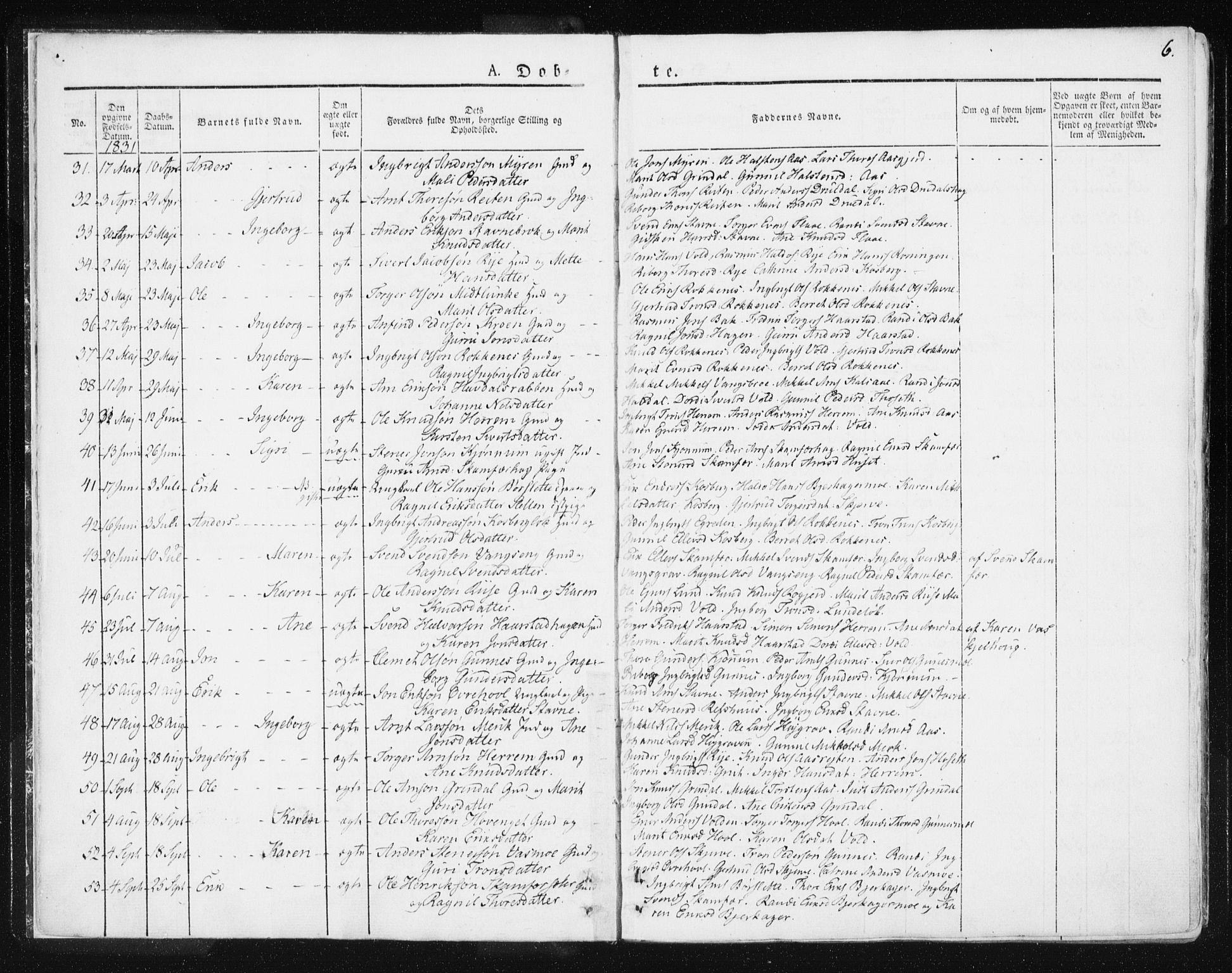 Ministerialprotokoller, klokkerbøker og fødselsregistre - Sør-Trøndelag, SAT/A-1456/674/L0869: Parish register (official) no. 674A01, 1829-1860, p. 6