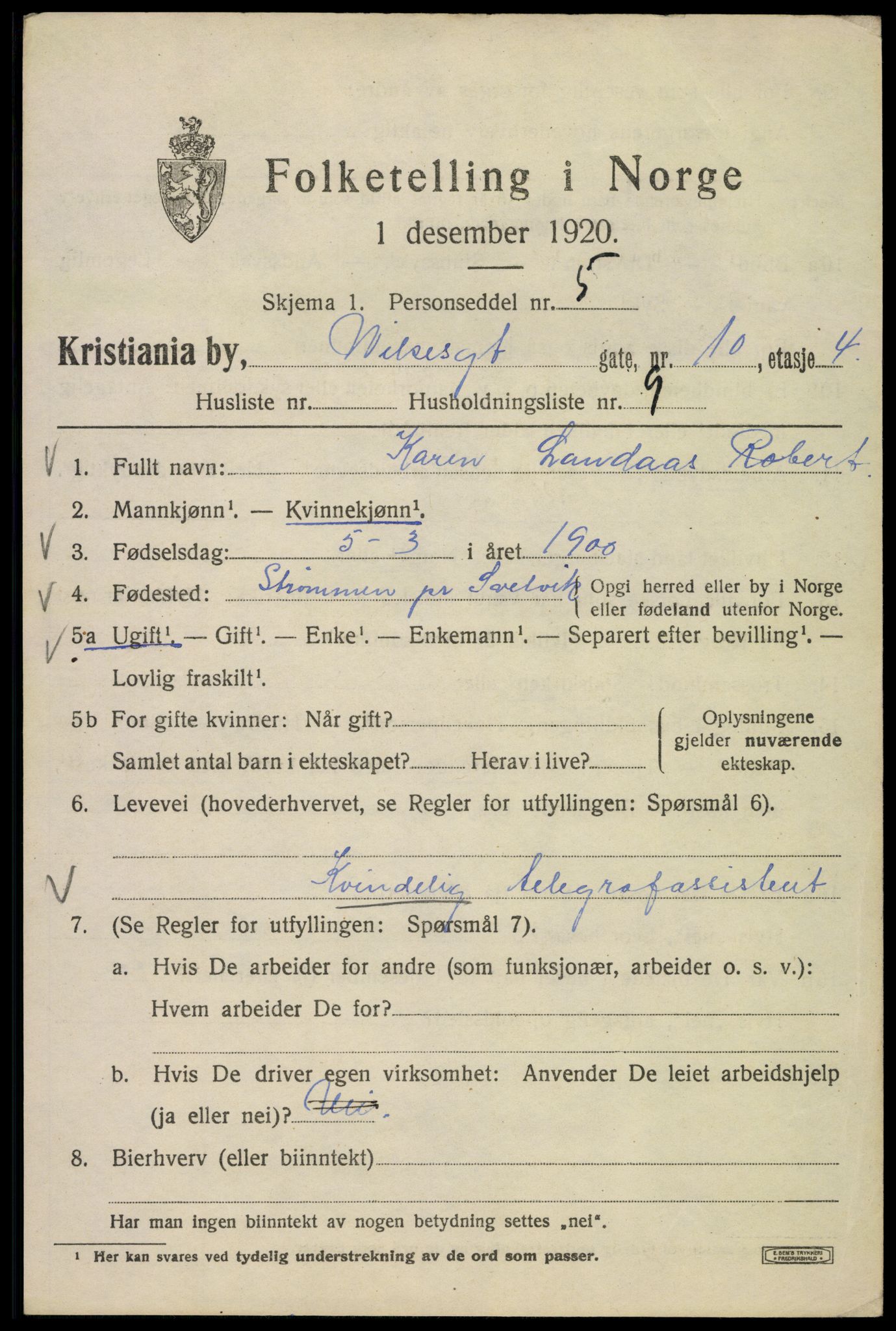 SAO, 1920 census for Kristiania, 1920, p. 653945