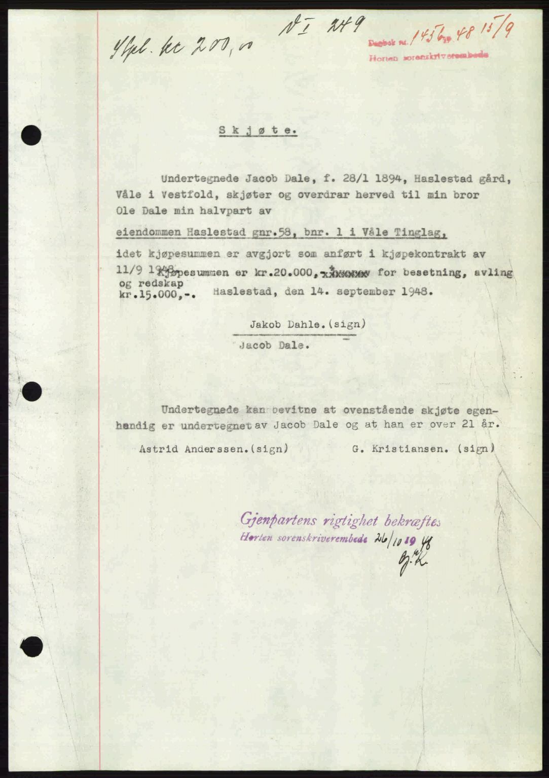 Horten sorenskriveri, AV/SAKO-A-133/G/Ga/Gaa/L0011: Mortgage book no. A-11, 1948-1948, Diary no: : 1456/1948