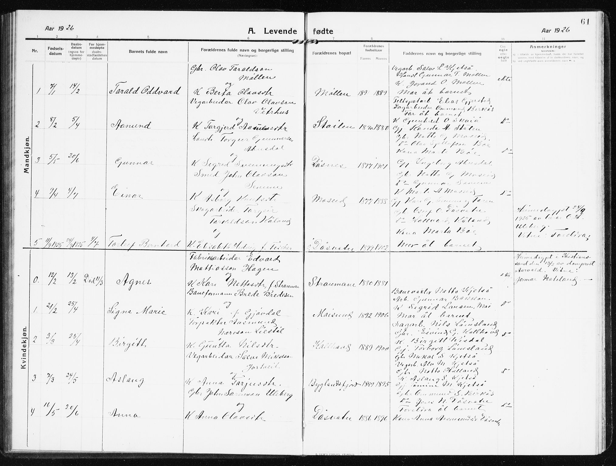 Evje sokneprestkontor, SAK/1111-0008/F/Fb/Fbb/L0003: Parish register (copy) no. B 3, 1910-1933, p. 61