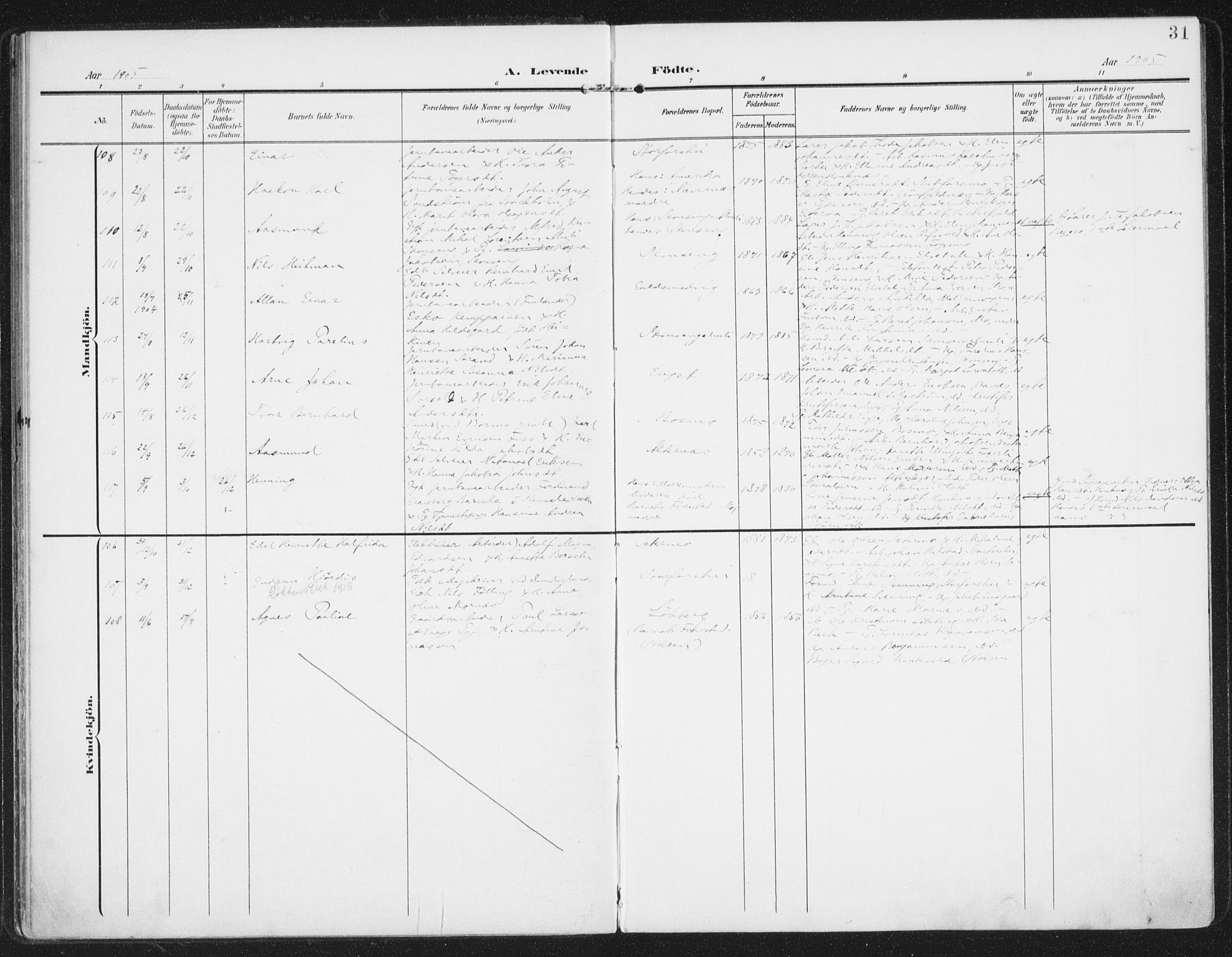 Ministerialprotokoller, klokkerbøker og fødselsregistre - Nordland, AV/SAT-A-1459/827/L0402: Parish register (official) no. 827A14, 1903-1912, p. 31