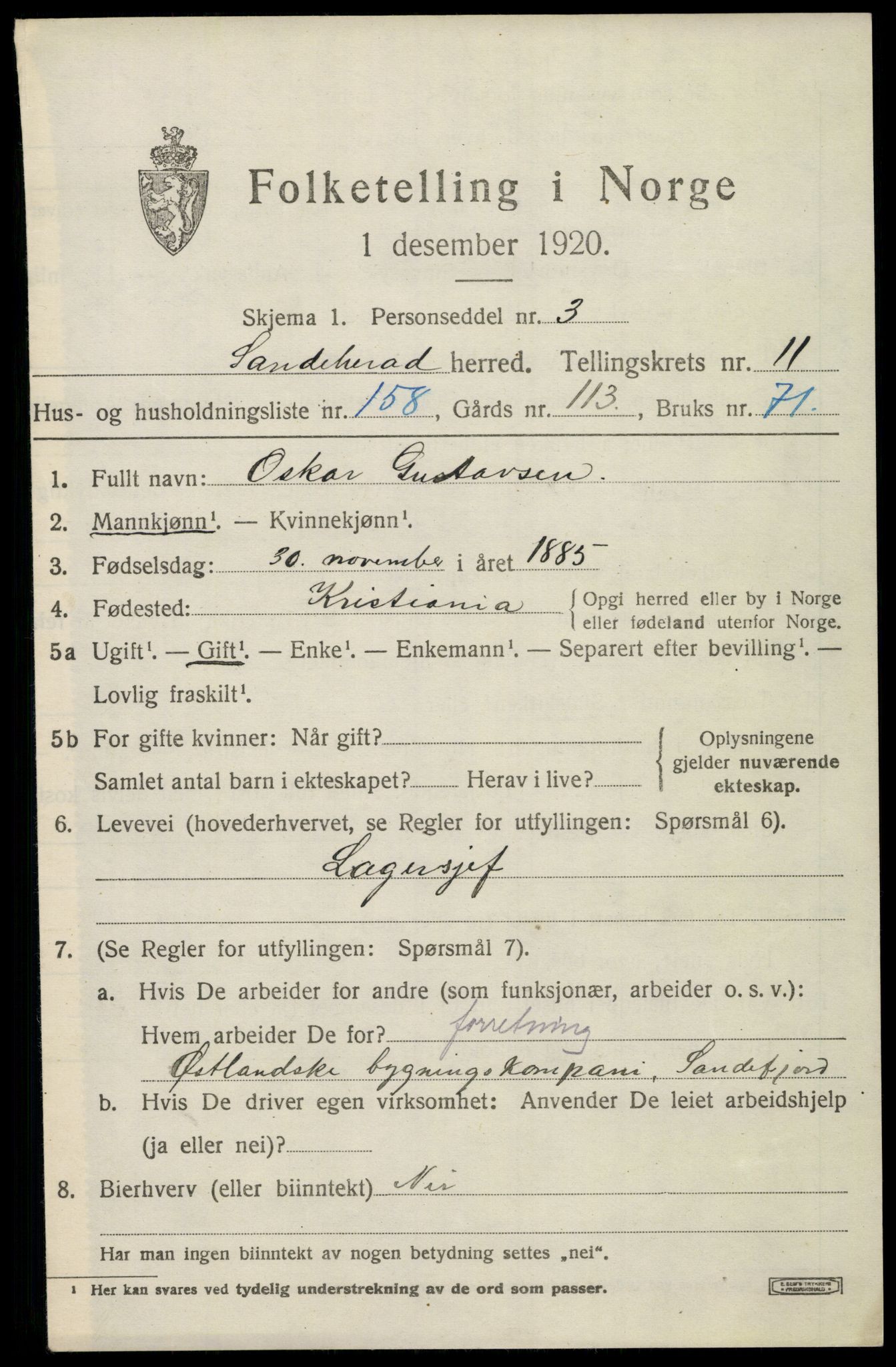 SAKO, 1920 census for Sandeherred, 1920, p. 18080