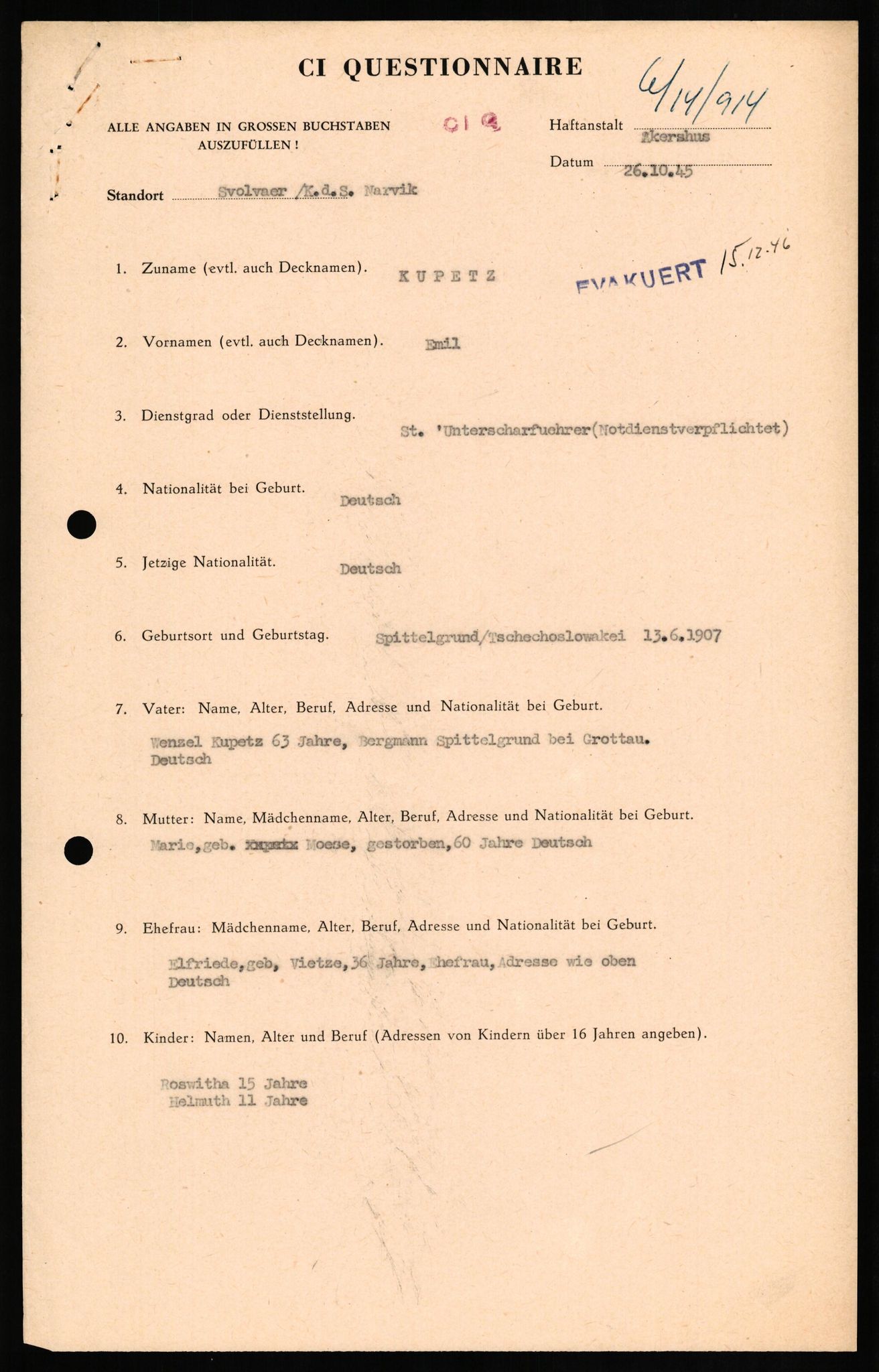 Forsvaret, Forsvarets overkommando II, AV/RA-RAFA-3915/D/Db/L0018: CI Questionaires. Tyske okkupasjonsstyrker i Norge. Tyskere., 1945-1946, p. 506