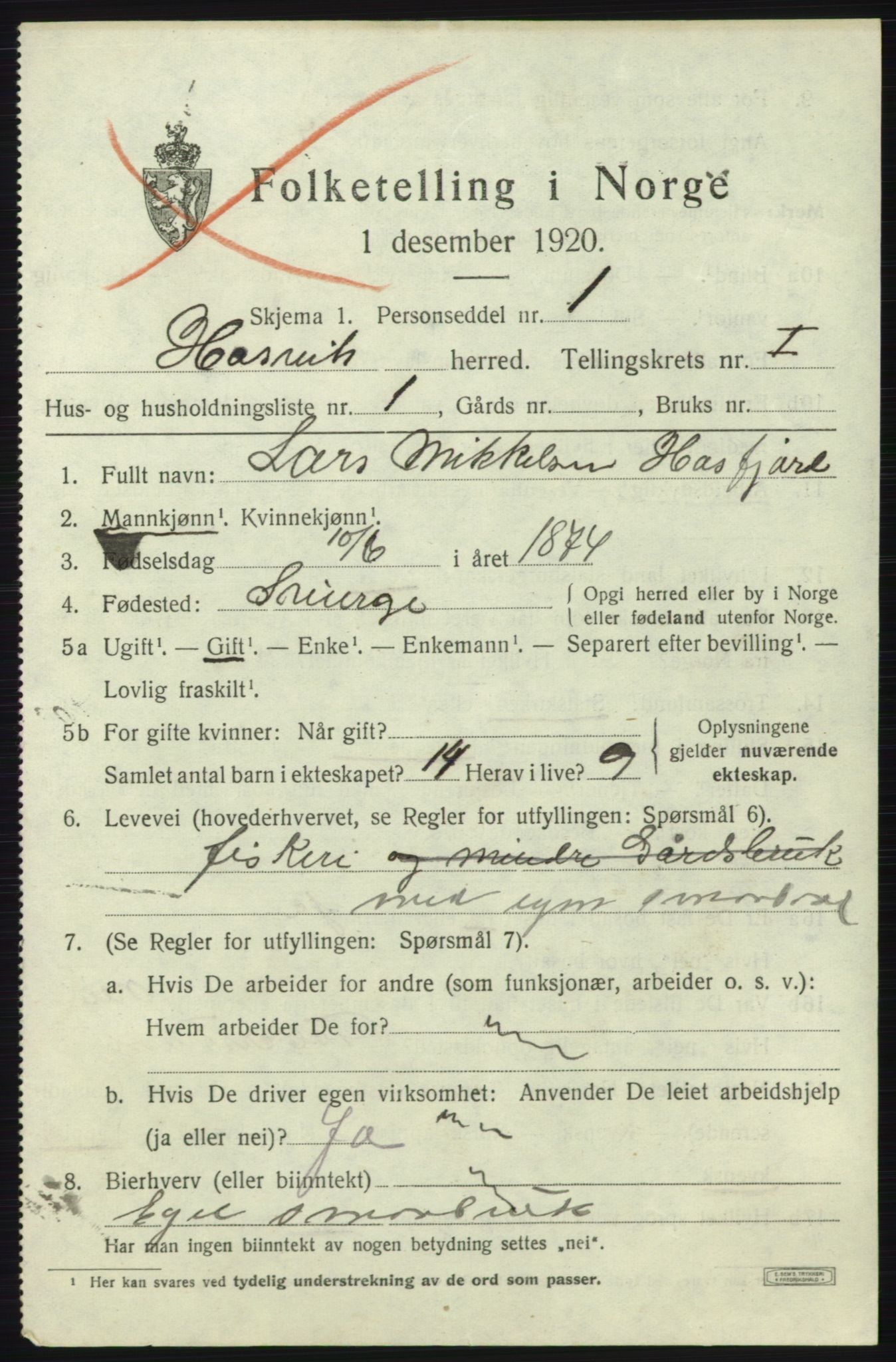 SATØ, 1920 census for Hasvik, 1920, p. 503