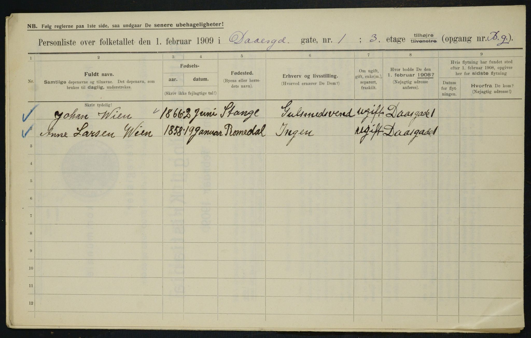 OBA, Municipal Census 1909 for Kristiania, 1909, p. 16309