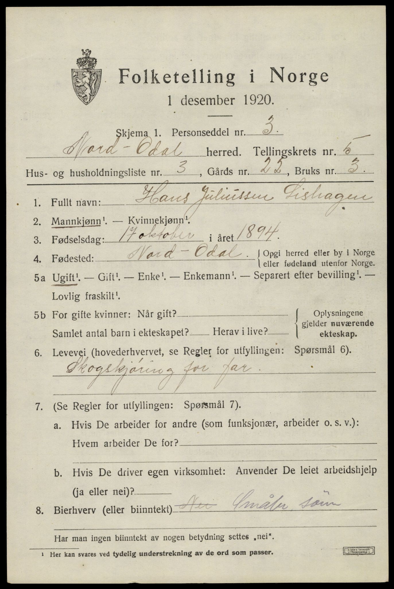 SAH, 1920 census for Nord-Odal, 1920, p. 5059