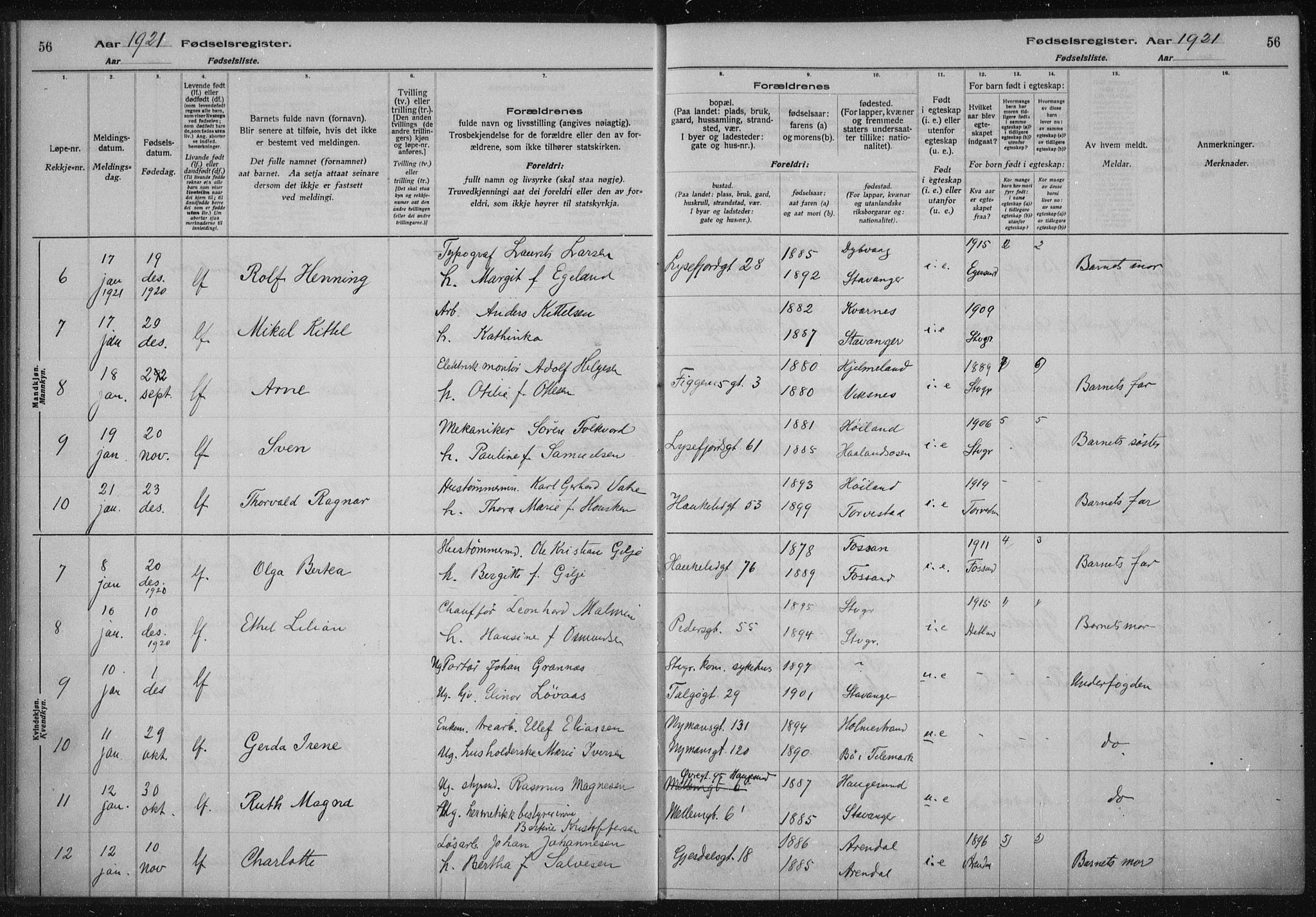 St. Johannes sokneprestkontor, AV/SAST-A-101814/002/A/L0002: Birth register no. 2, 1919-1924, p. 56