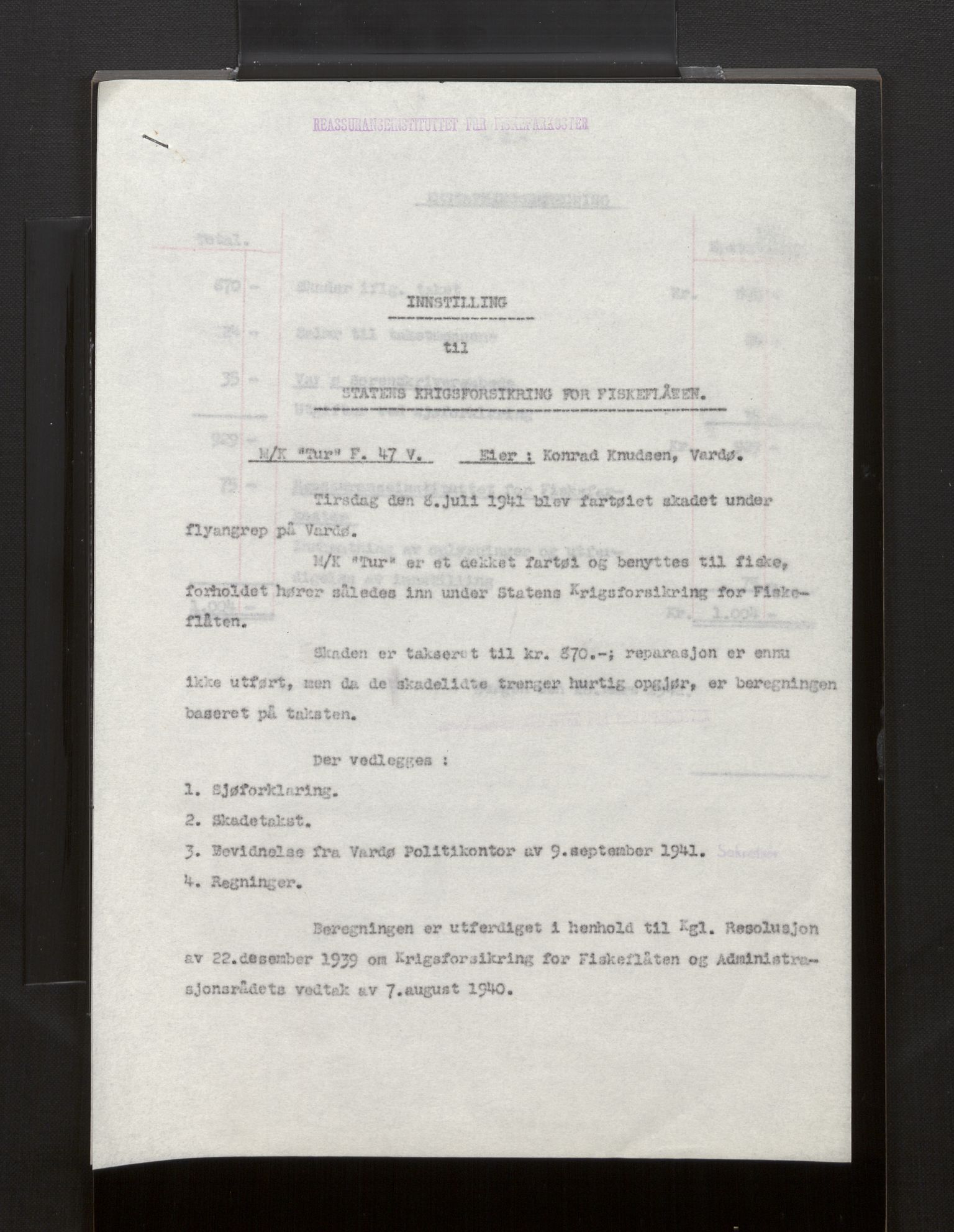 Fiskeridirektoratet - 1 Adm. ledelse - 13 Båtkontoret, AV/SAB-A-2003/La/L0008: Statens krigsforsikring for fiskeflåten, 1936-1971, p. 149