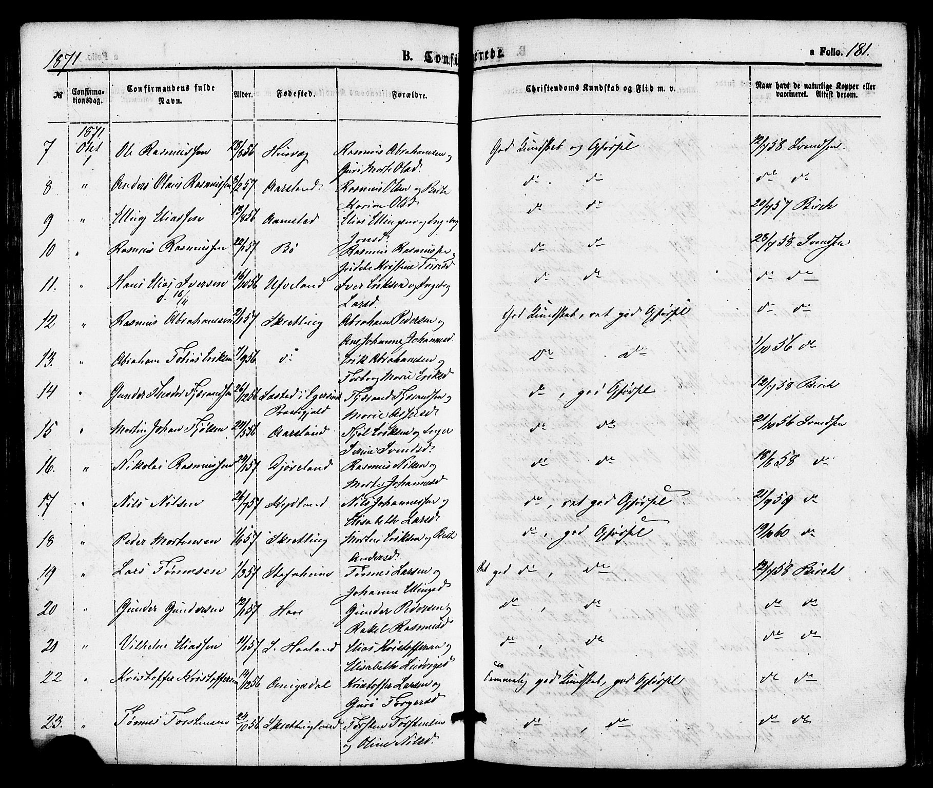 Hå sokneprestkontor, AV/SAST-A-101801/001/30BA/L0009: Parish register (official) no. A 8, 1855-1878, p. 181