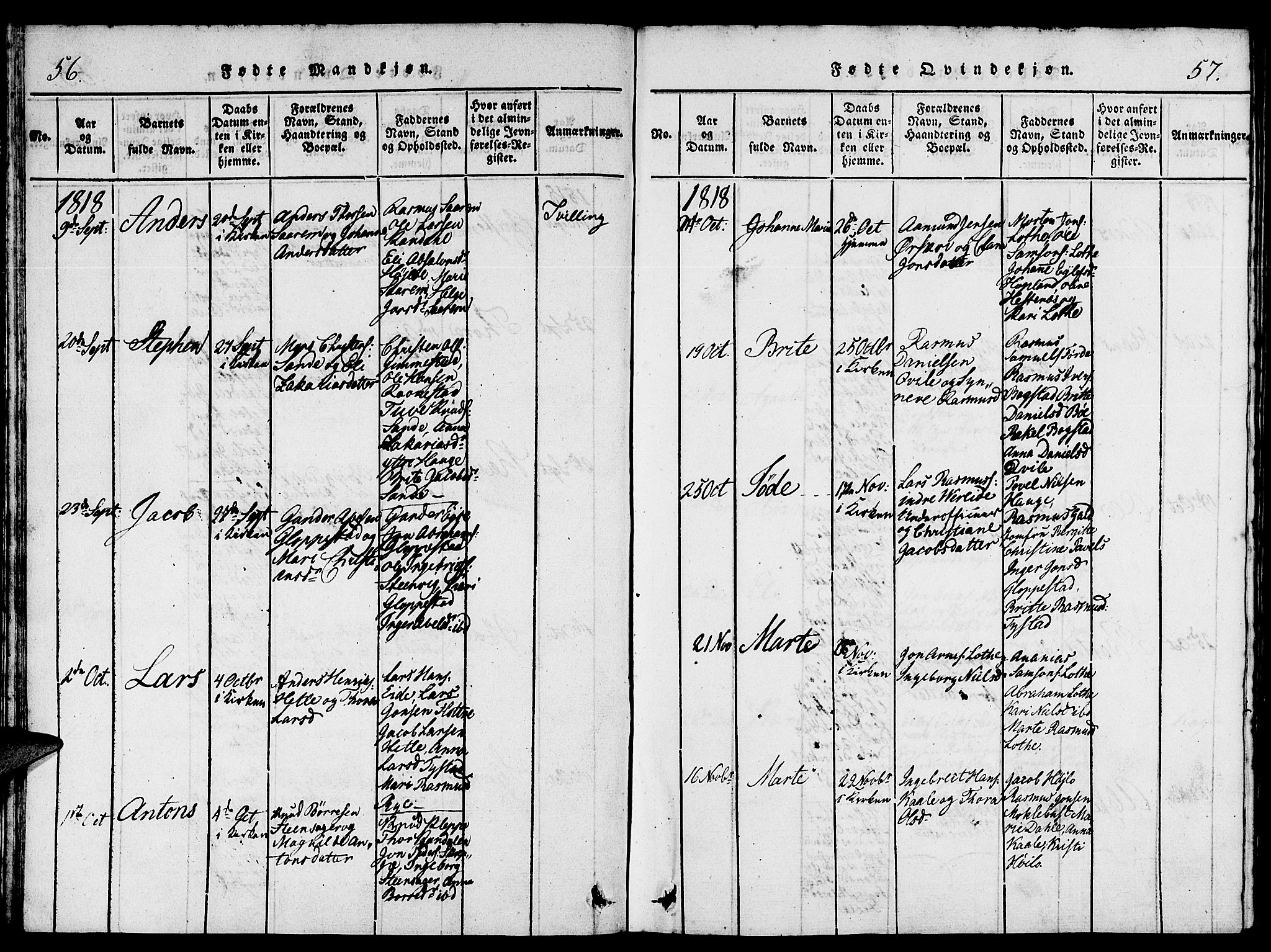 Gloppen sokneprestembete, AV/SAB-A-80101/H/Hab/Haba/L0001: Parish register (copy) no. A 1, 1816-1827, p. 56-57