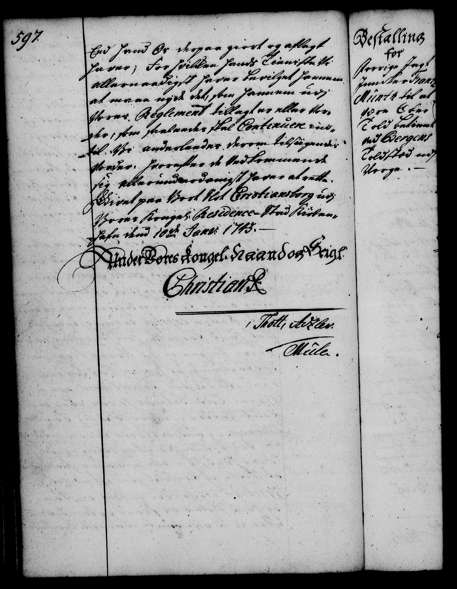 Rentekammeret, Kammerkanselliet, RA/EA-3111/G/Gg/Gge/L0002: Norsk bestallingsprotokoll med register (merket RK 53.26), 1730-1744, p. 597