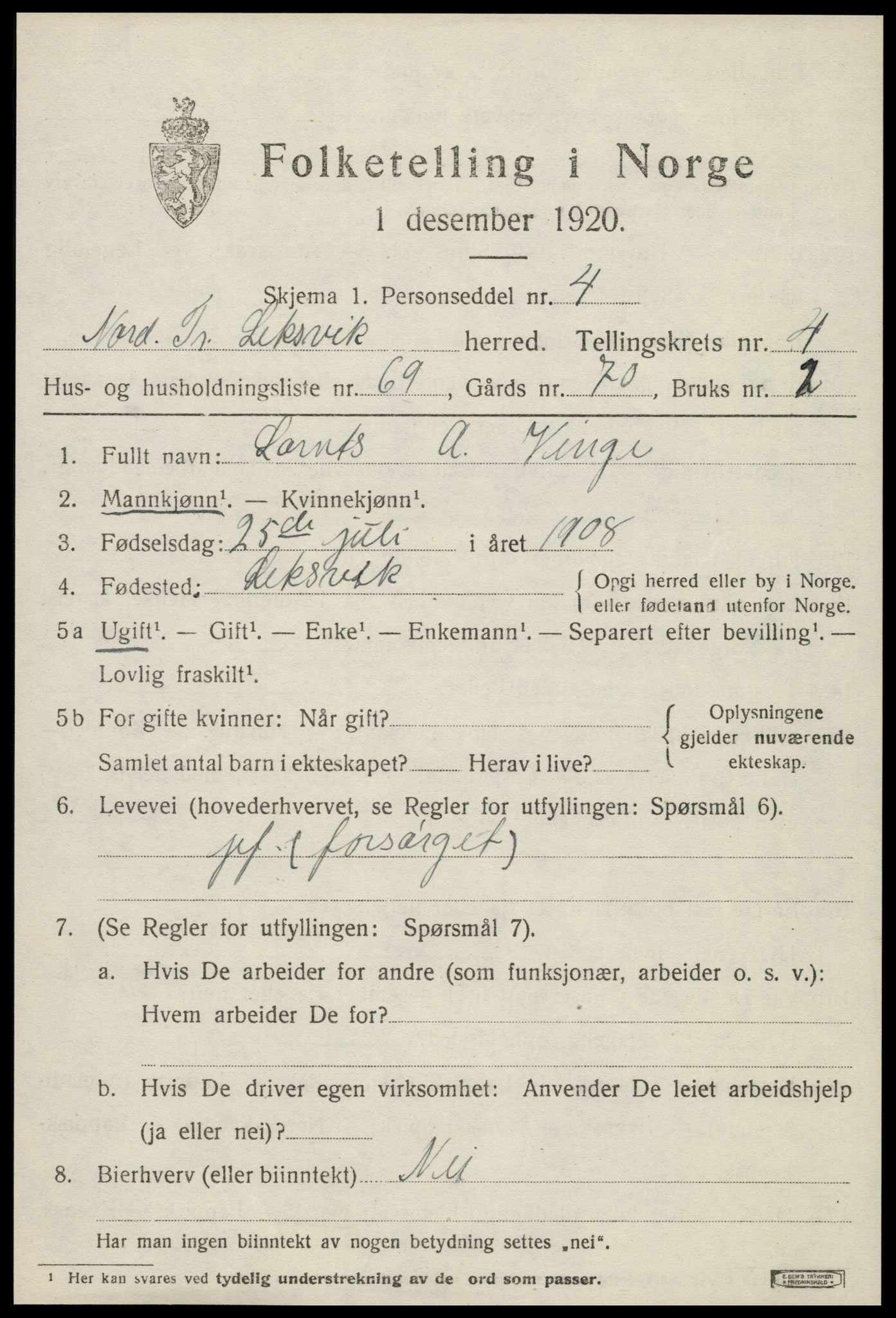 SAT, 1920 census for Leksvik, 1920, p. 4408